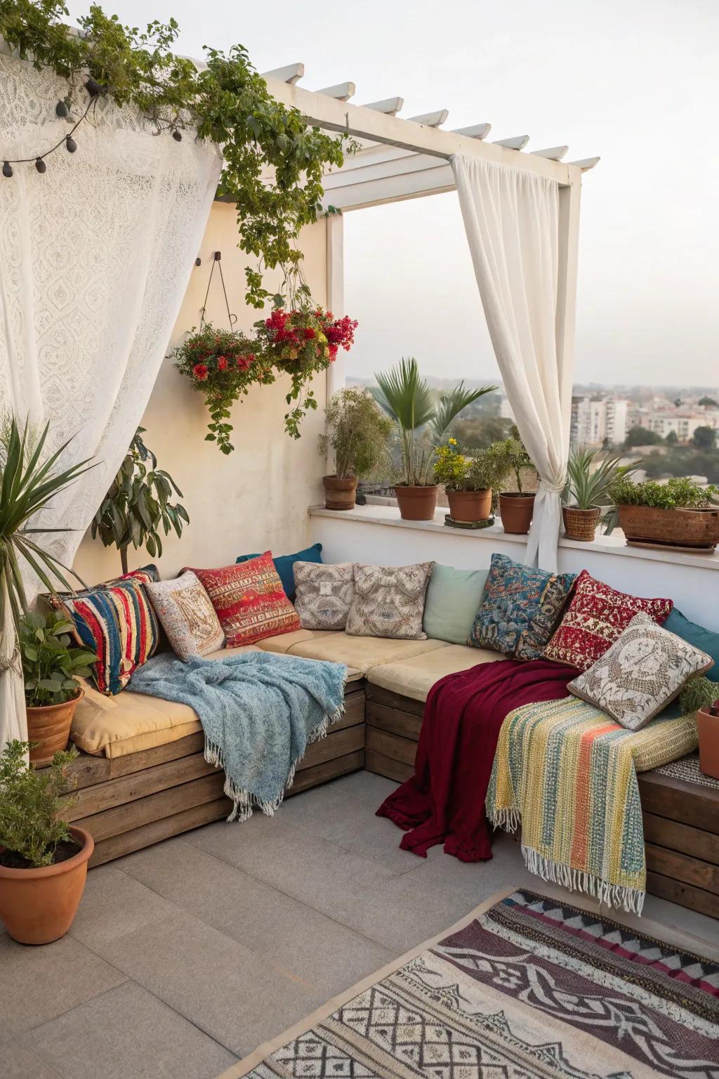 A cozy seating nook transforms a rooftop into an inviting retreat.