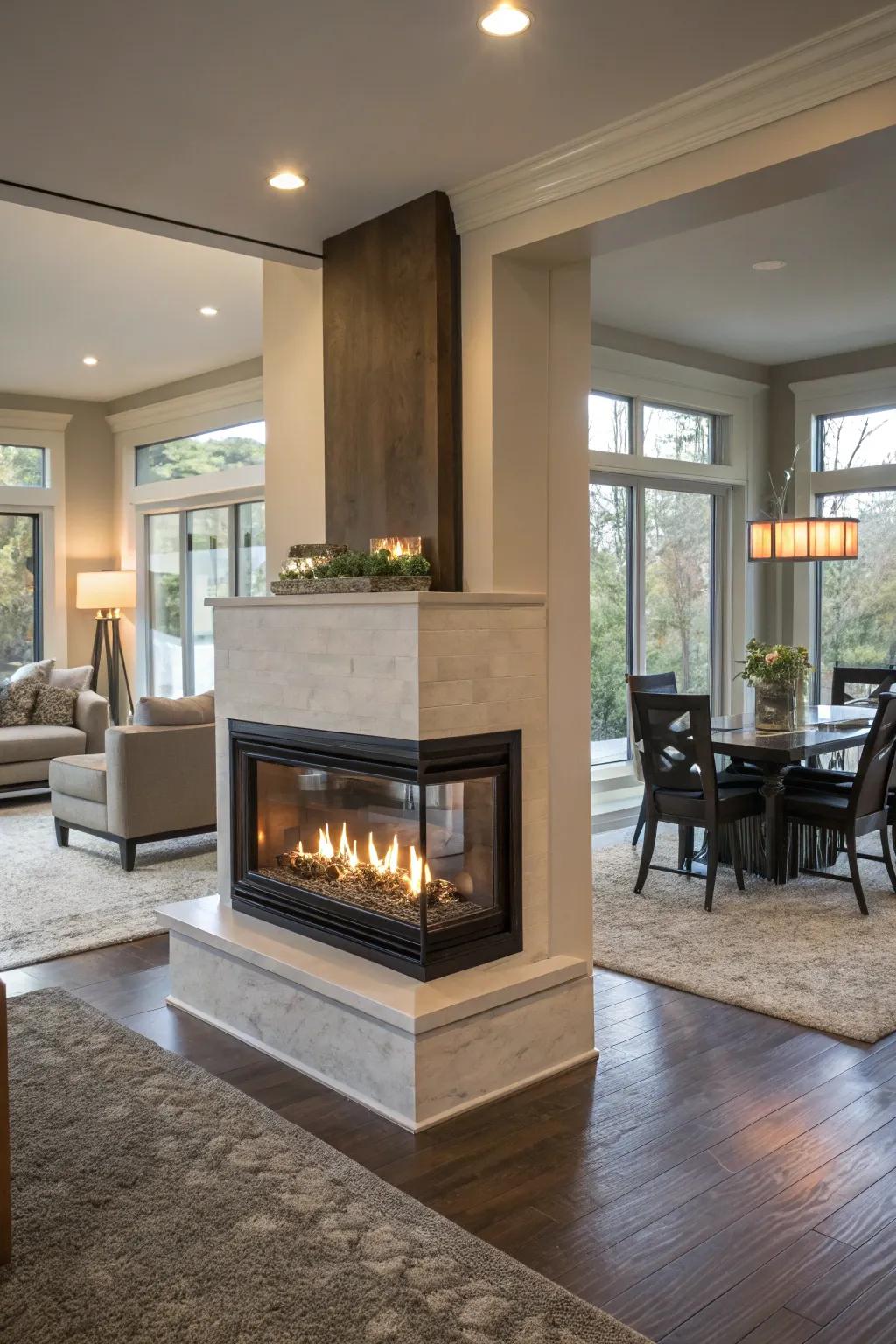 This double-sided fireplace seamlessly connects the living and dining areas.