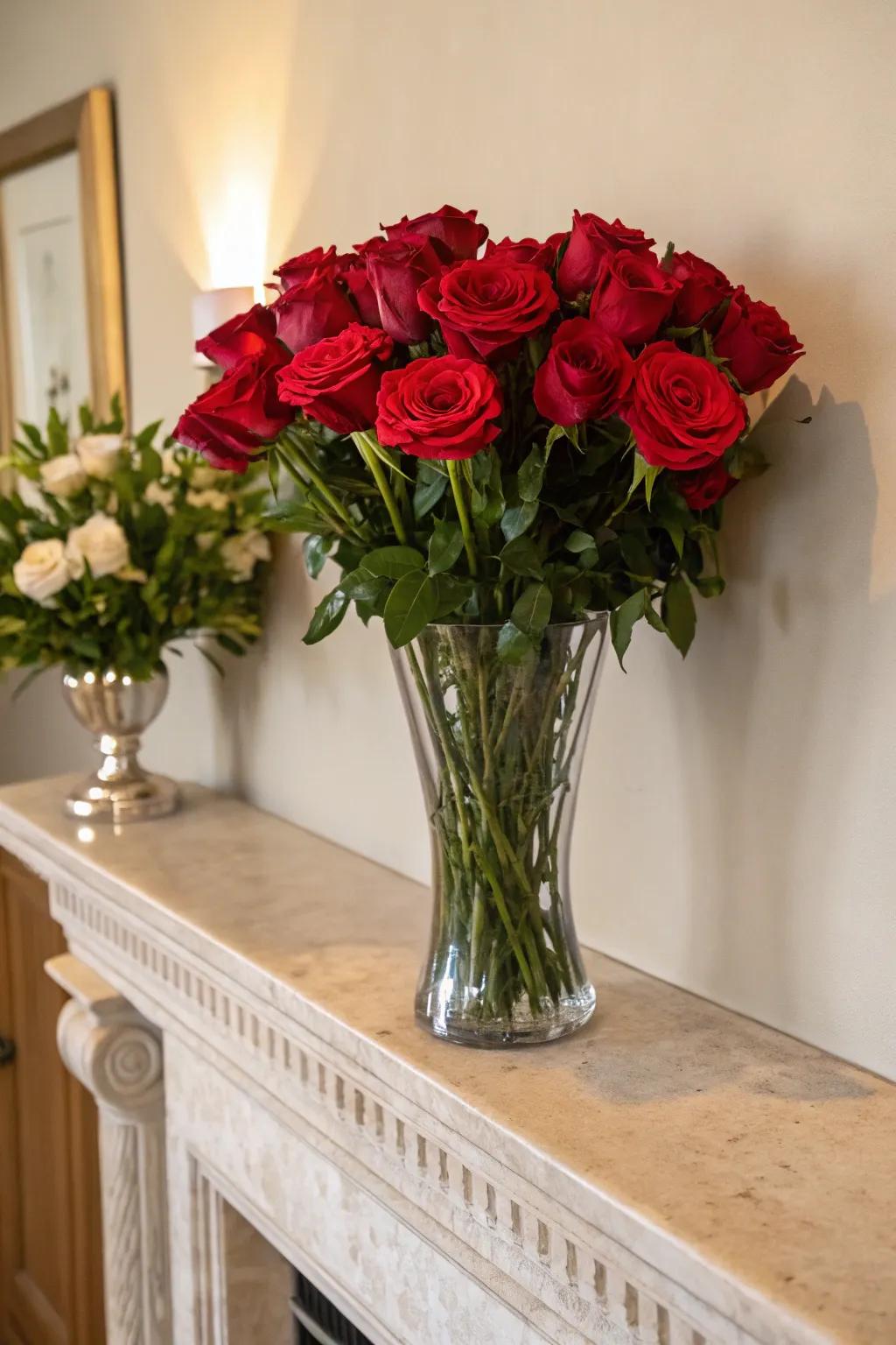 Timeless allure by way of crimson roses nestled in a traditional glass vessel.