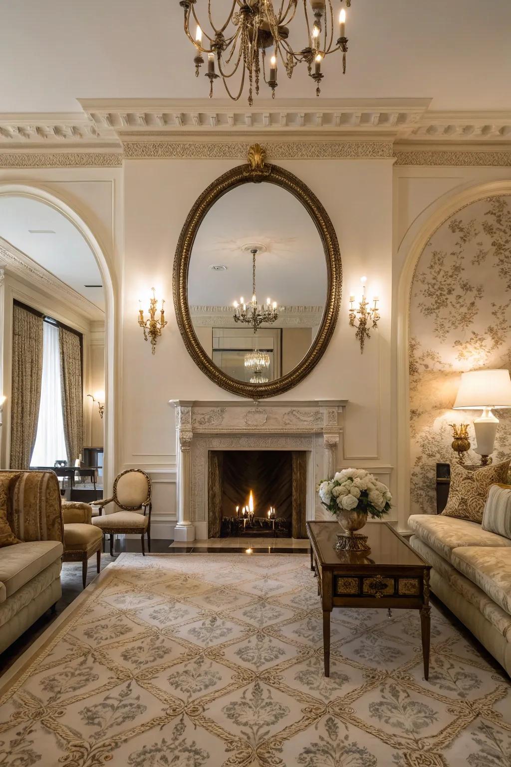 An oversized circular mirror above a fireplace generates a striking and expansive atmosphere.