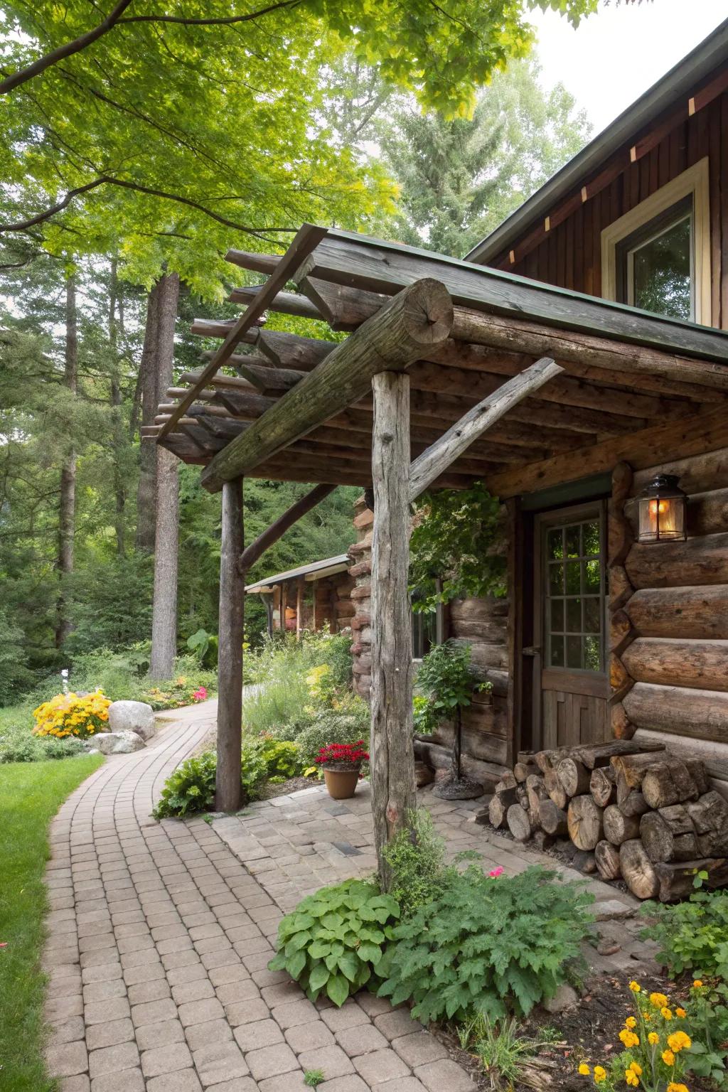 A weathered wood awning adds warmth and rustic charm.