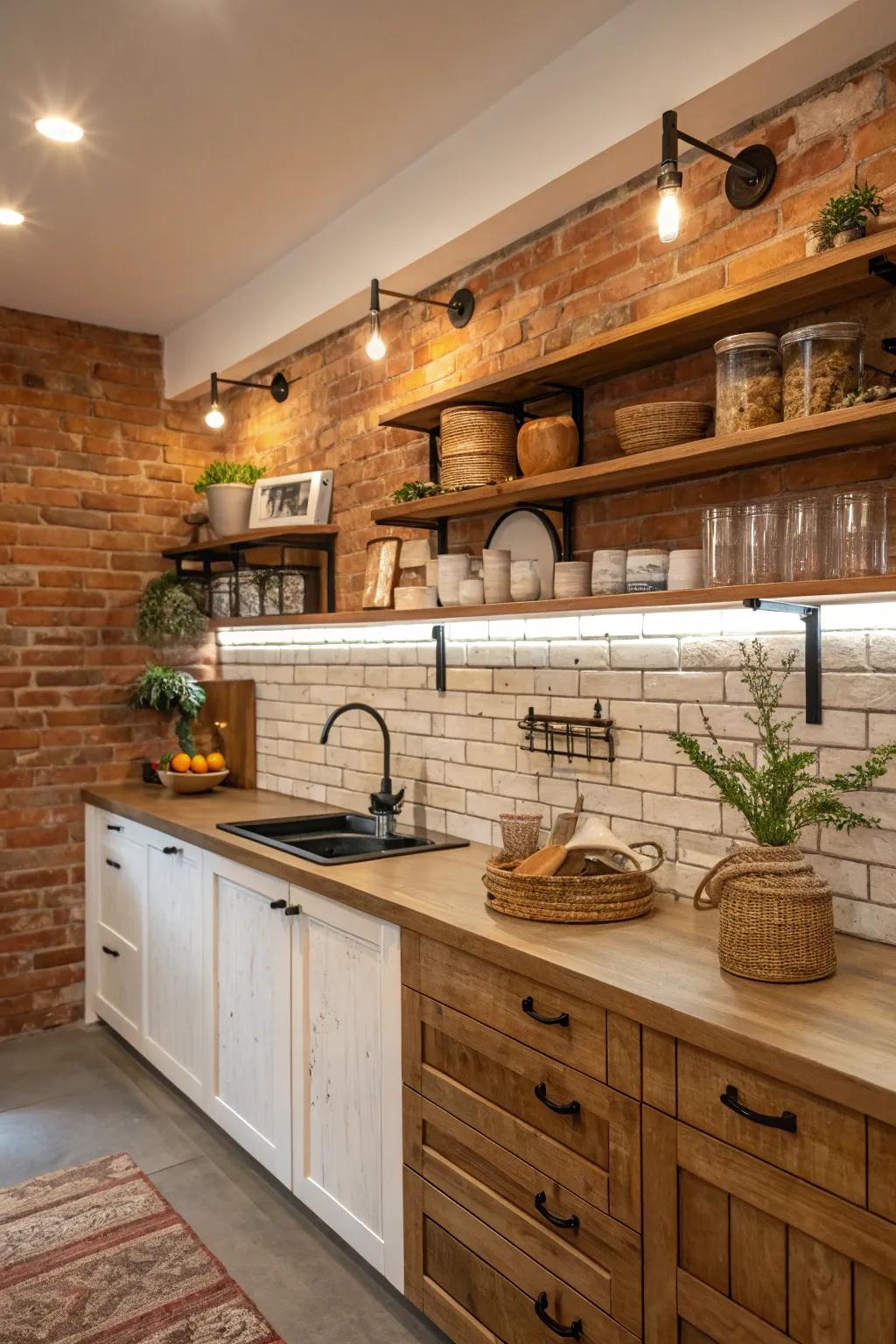A countryside kitchen showcasing an uncovered brick backsplash.