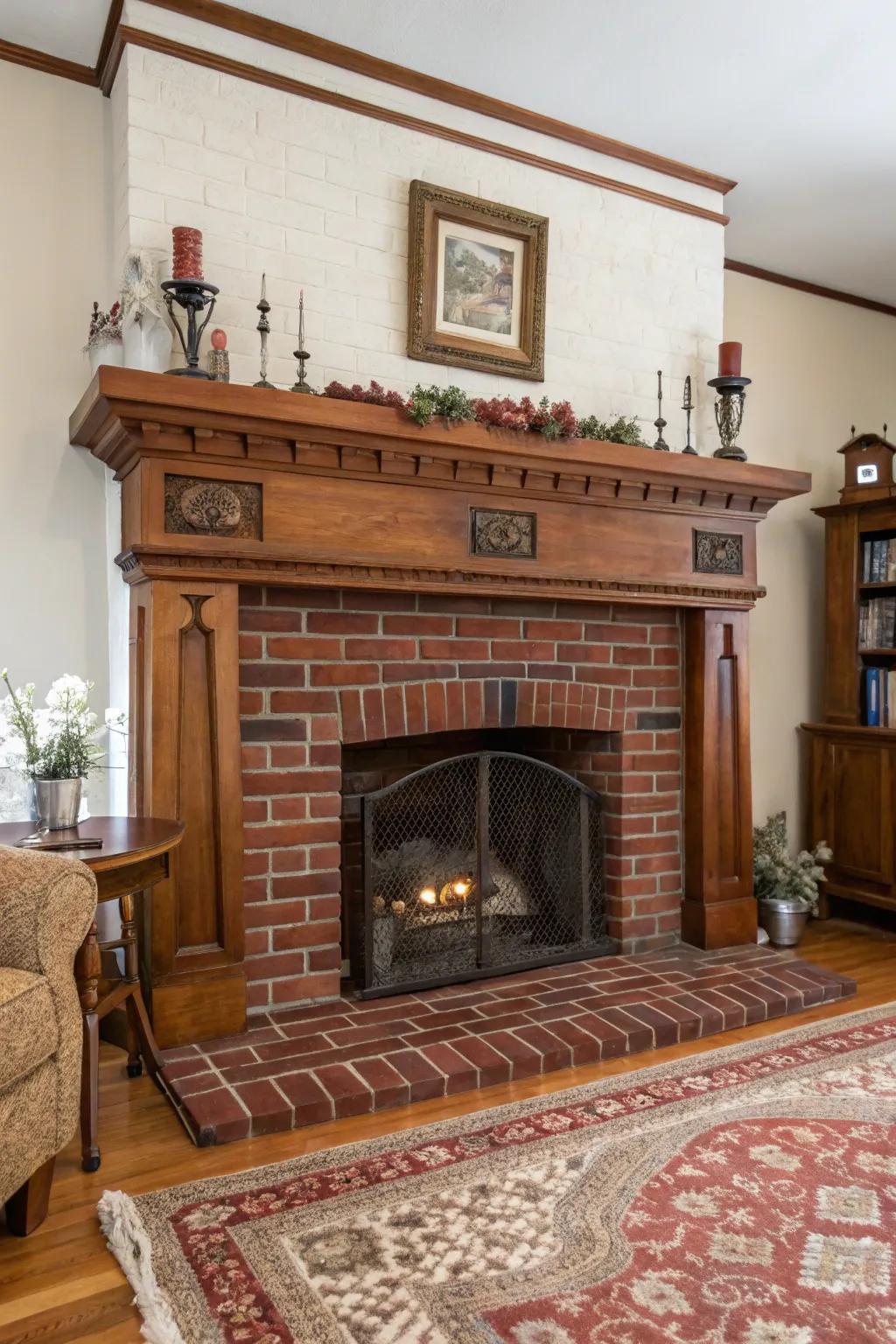 Classic red brick fireplace that exudes warmth and nostalgia.