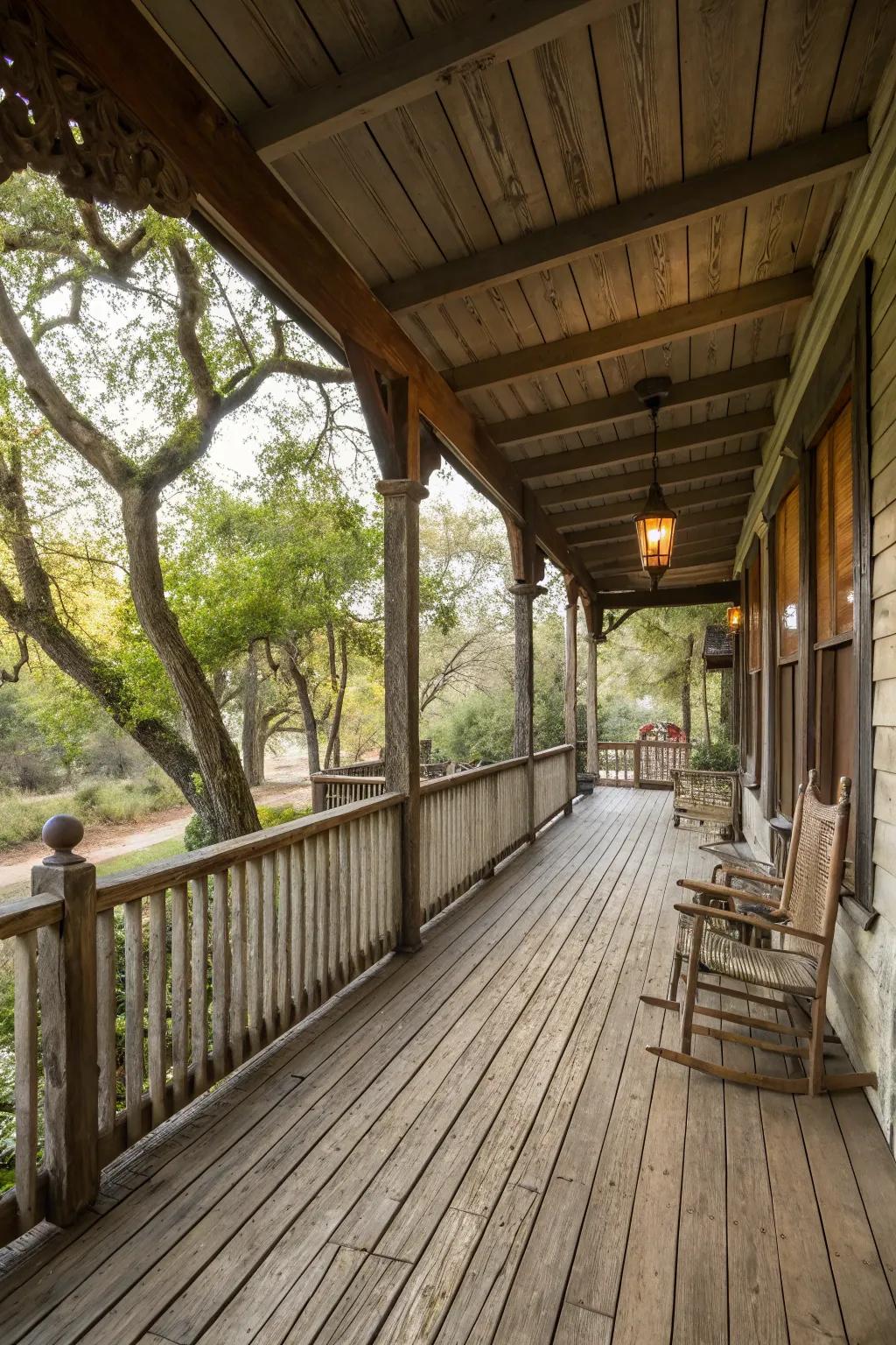 Natural wood finishes set the stage for a cozy, rustic porch.