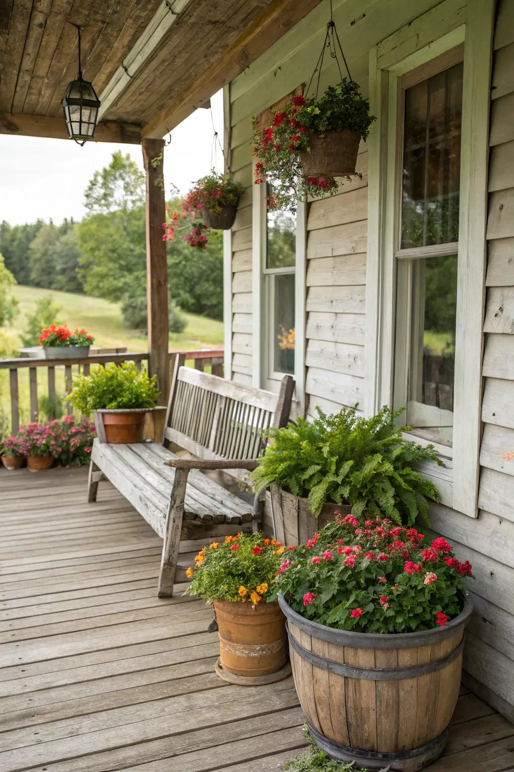 A cozy wooden bench invites relaxation on this rustic farmhouse porch.