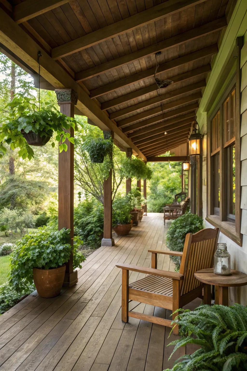Natural wood beams and flooring create a warm, inviting porch environment.