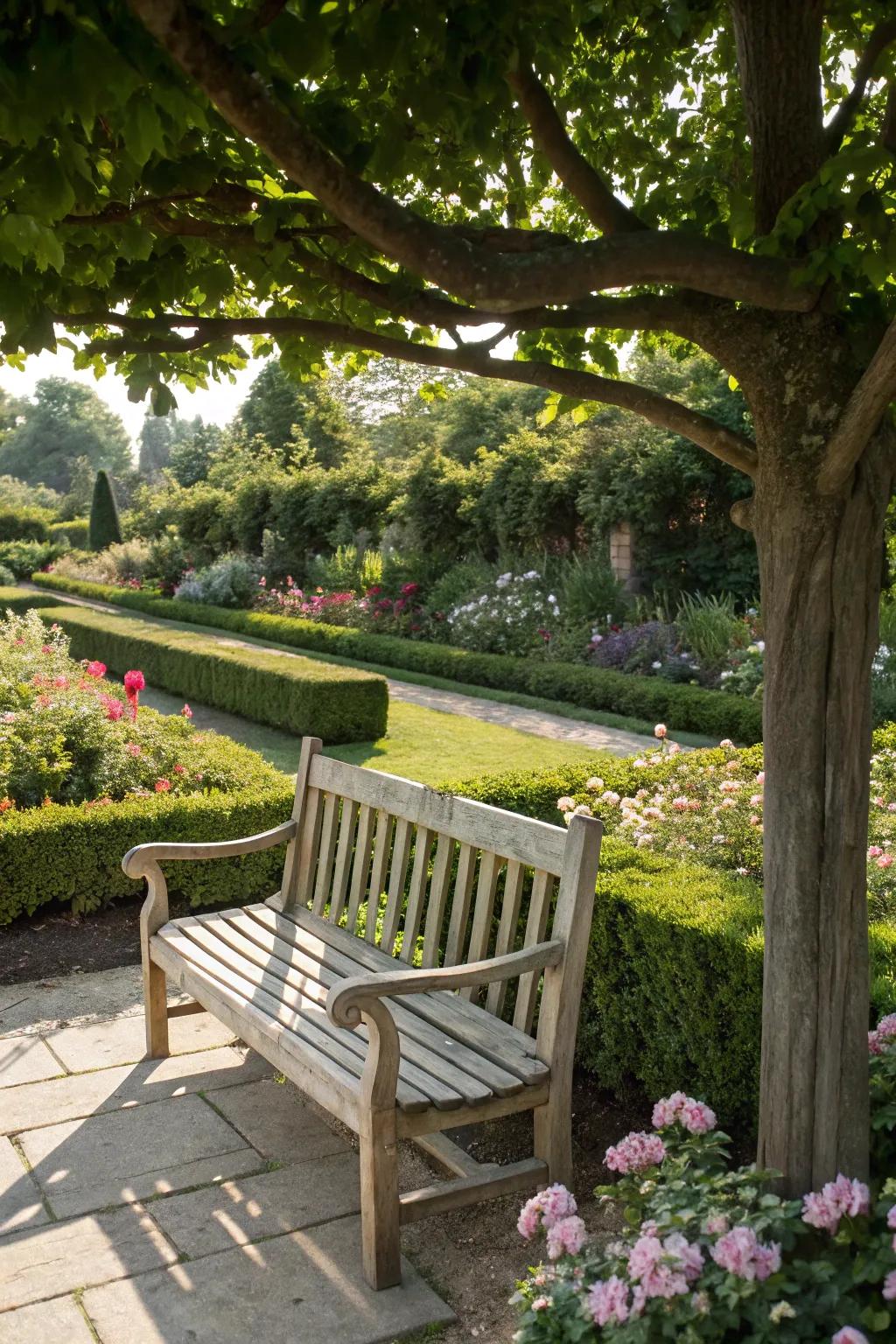 A classic wooden bench emphasizing the natural wood grain nestled in a serene garden setting.