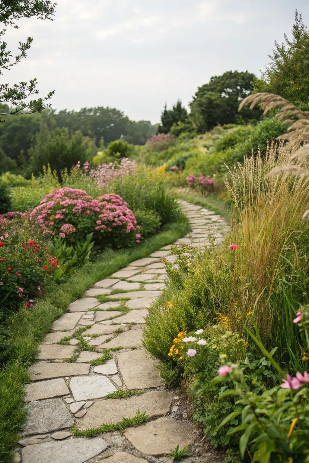 A charming stone pathway weaving through a lush garden.