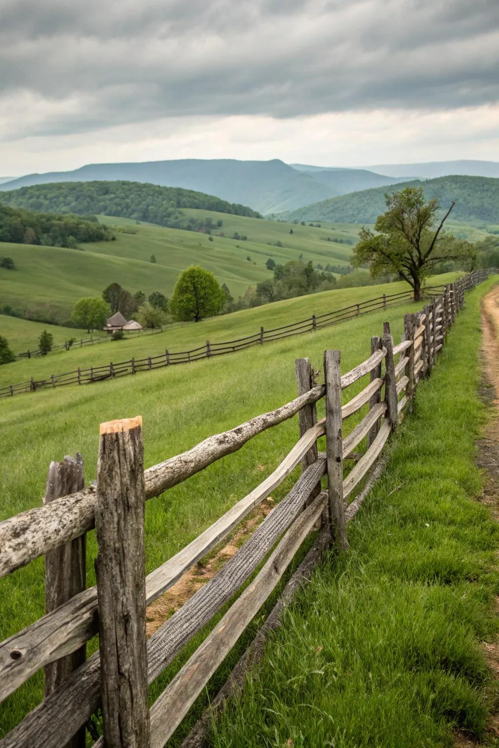 A quintessential split rail log fence stretches across undulating hills, radiating an aura of rustic sophistication.