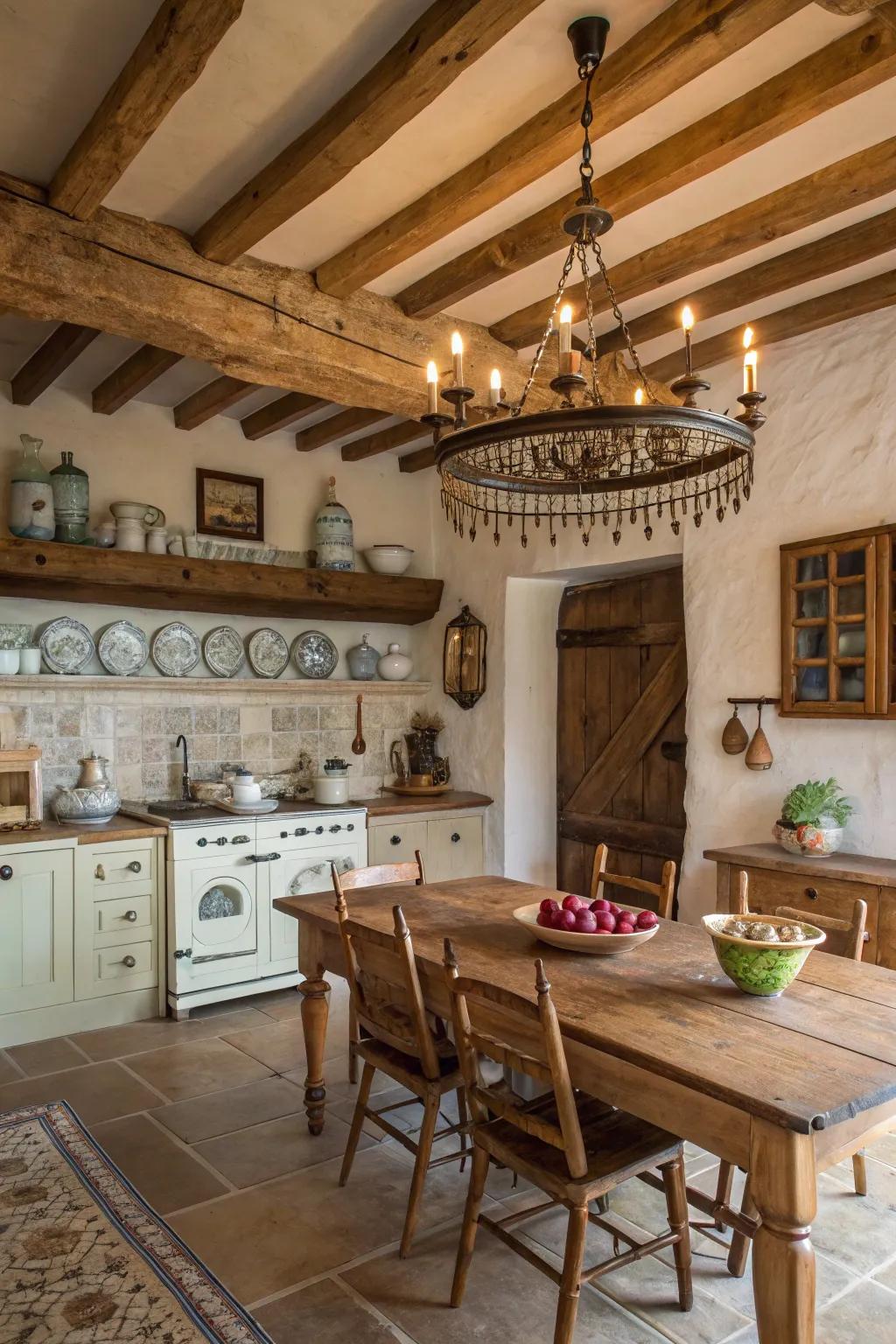 Rustic wooden beams add warmth and texture to this modern kitchen.