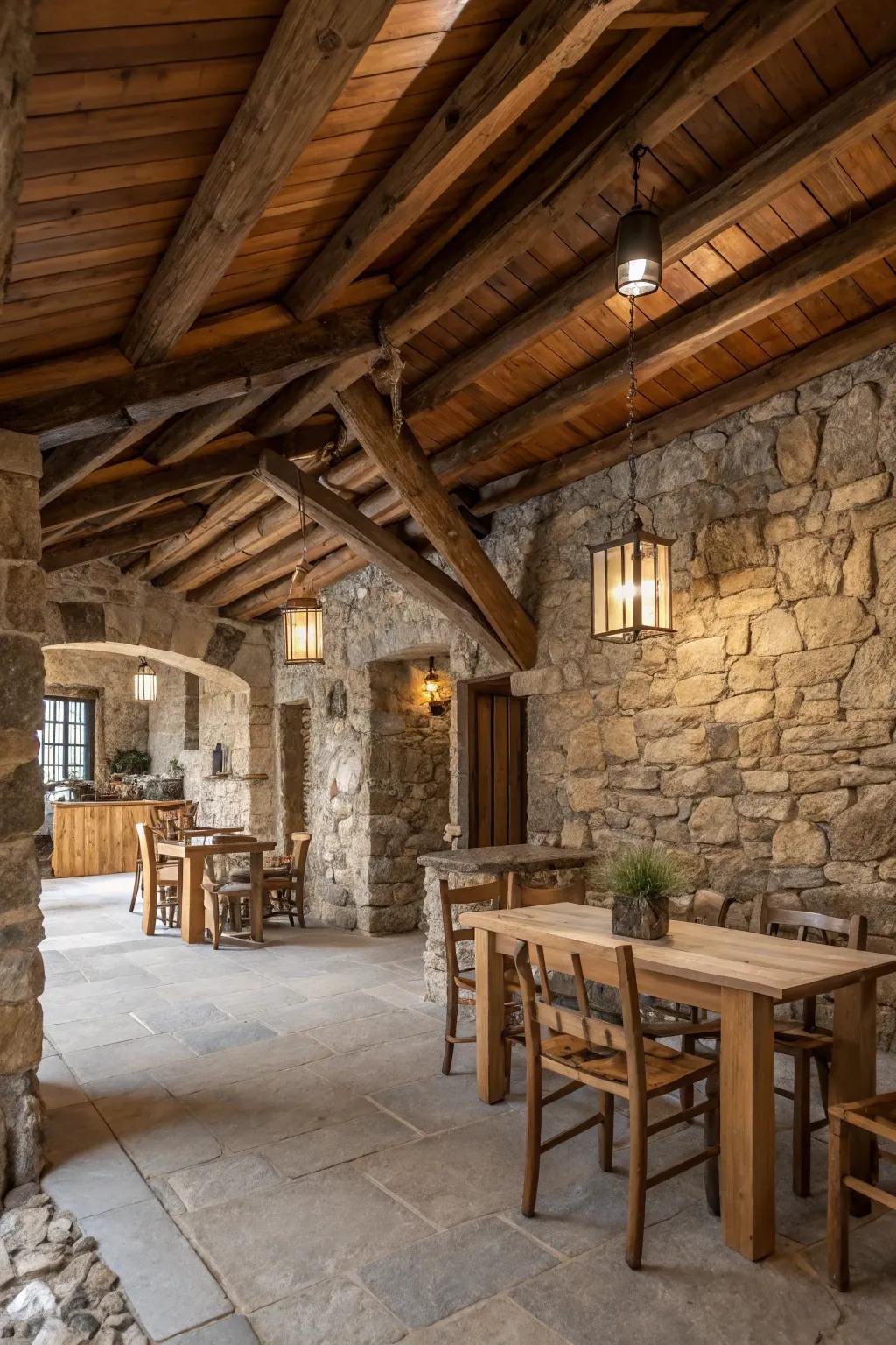 A striking combination of wood and stone creates a classic rustic mountain atmosphere.