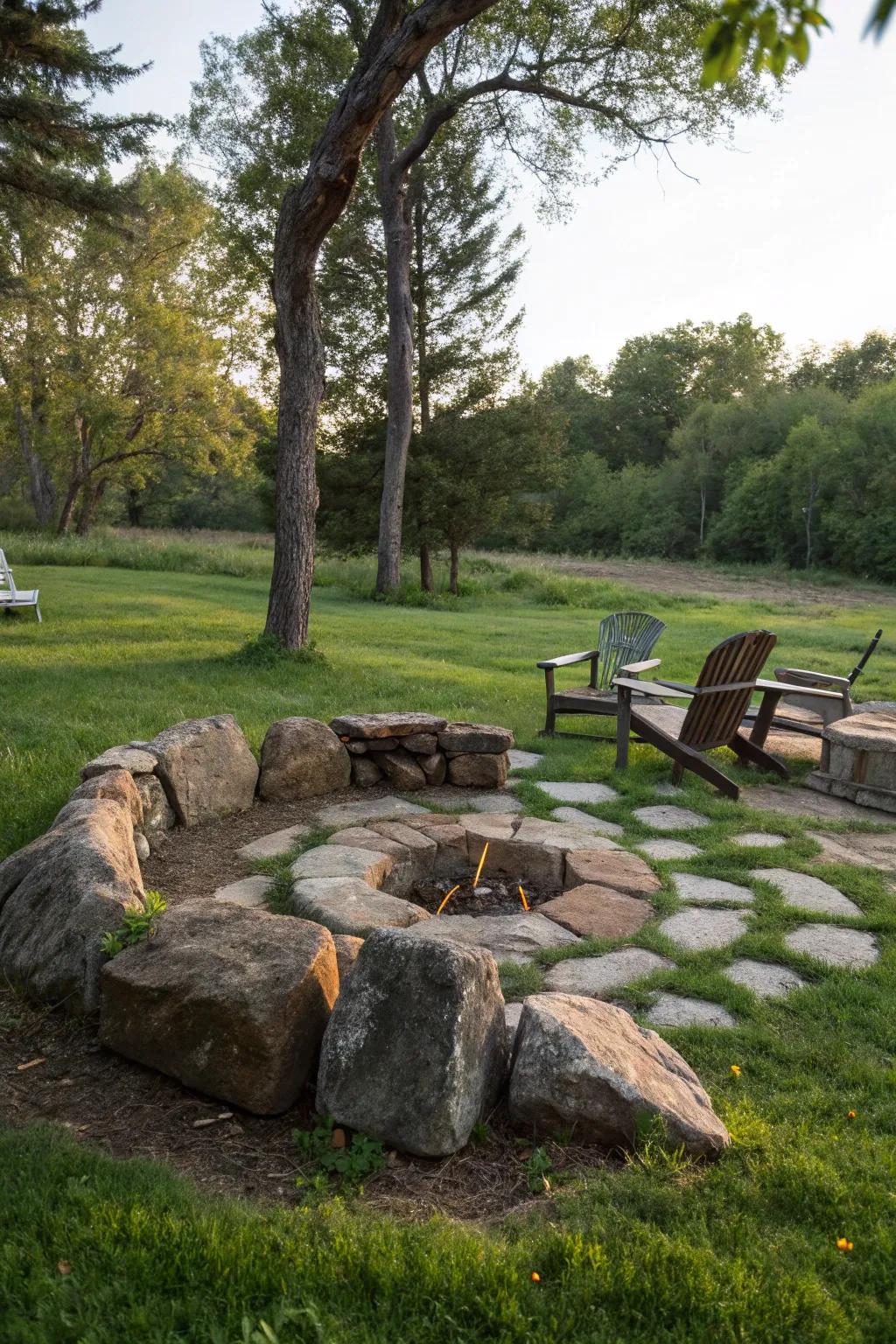 A timeless stone circle fire pit, perfect for cozy gatherings.