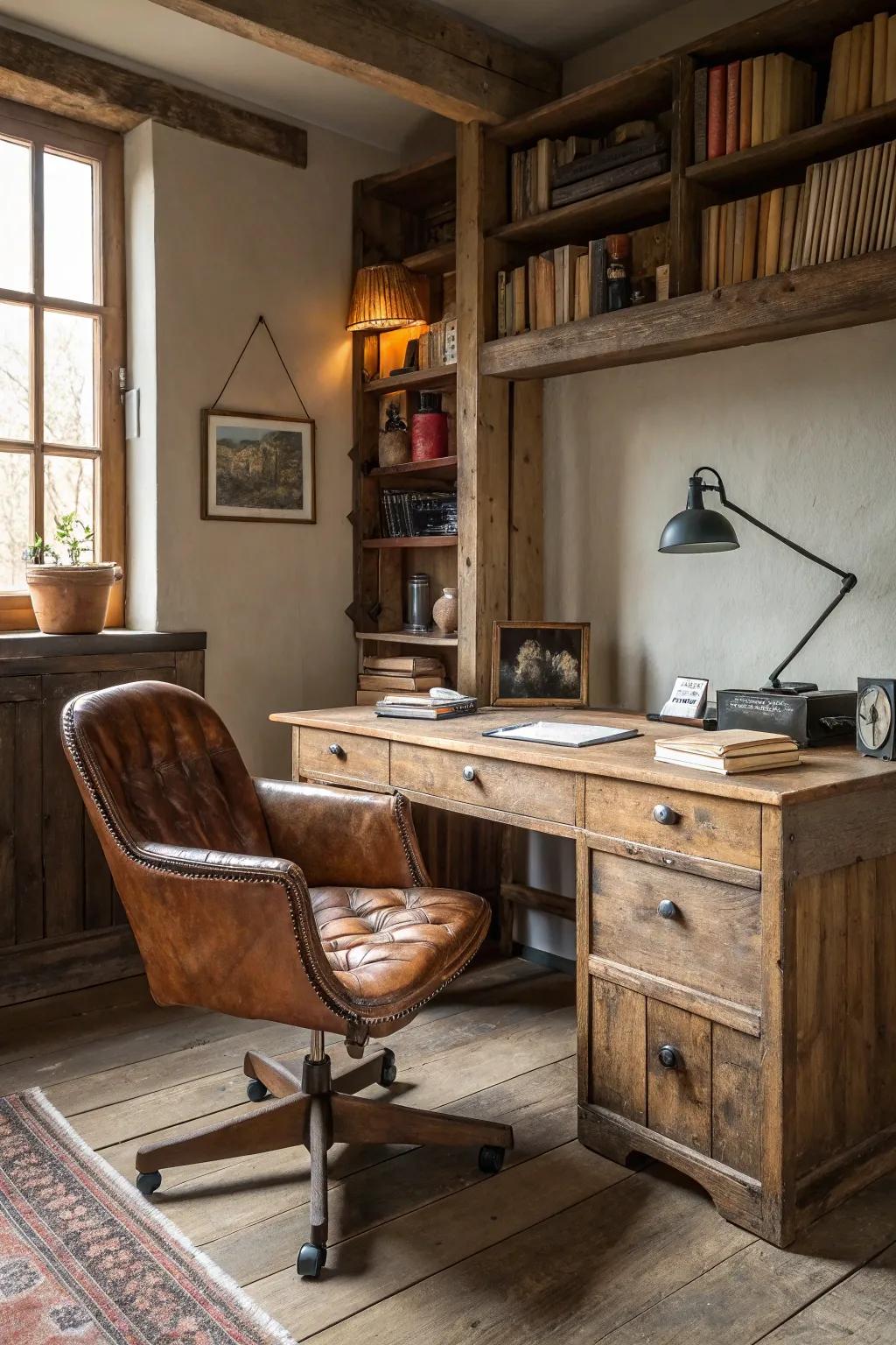 A rustic office featuring a reclaimed wood desk and vintage charm.