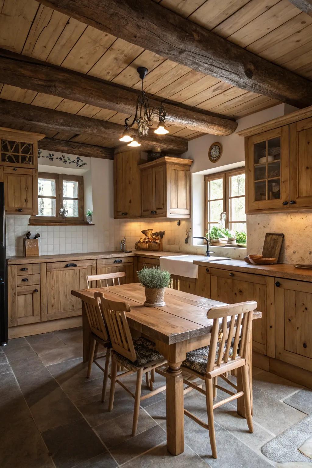 Raw timber furnishings and surfaces contribute a sense of warmth to this rustic kitchen.
