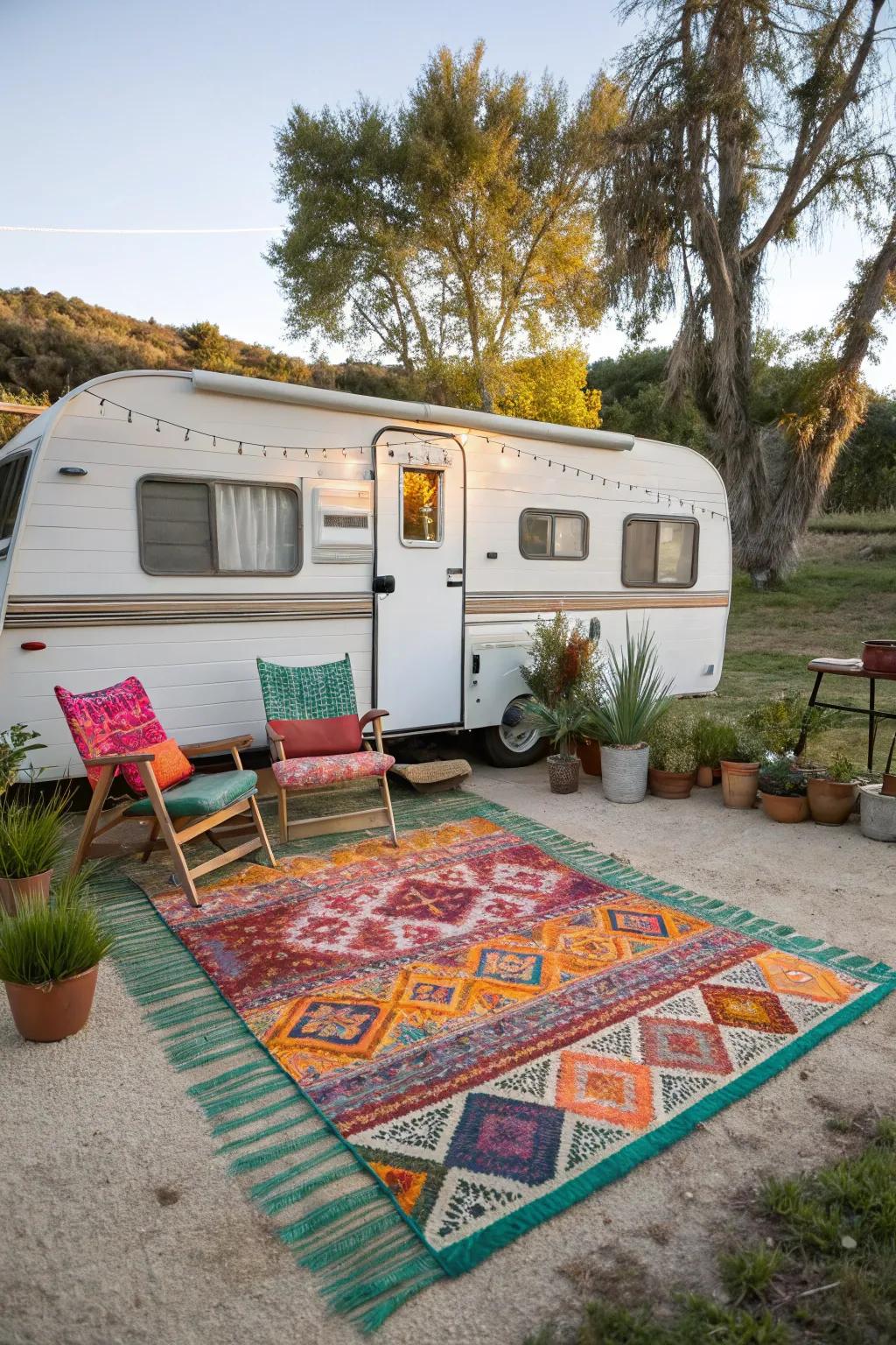 An outdoor rug enriches your RV area with warmth and style.