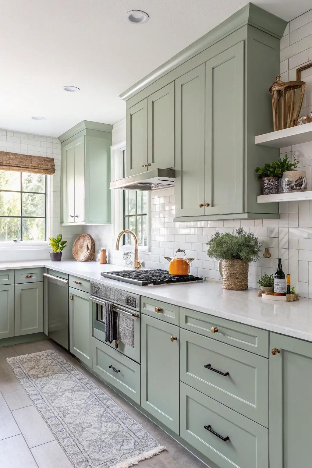 Sage green cabinets complemented by pristine white countertops.