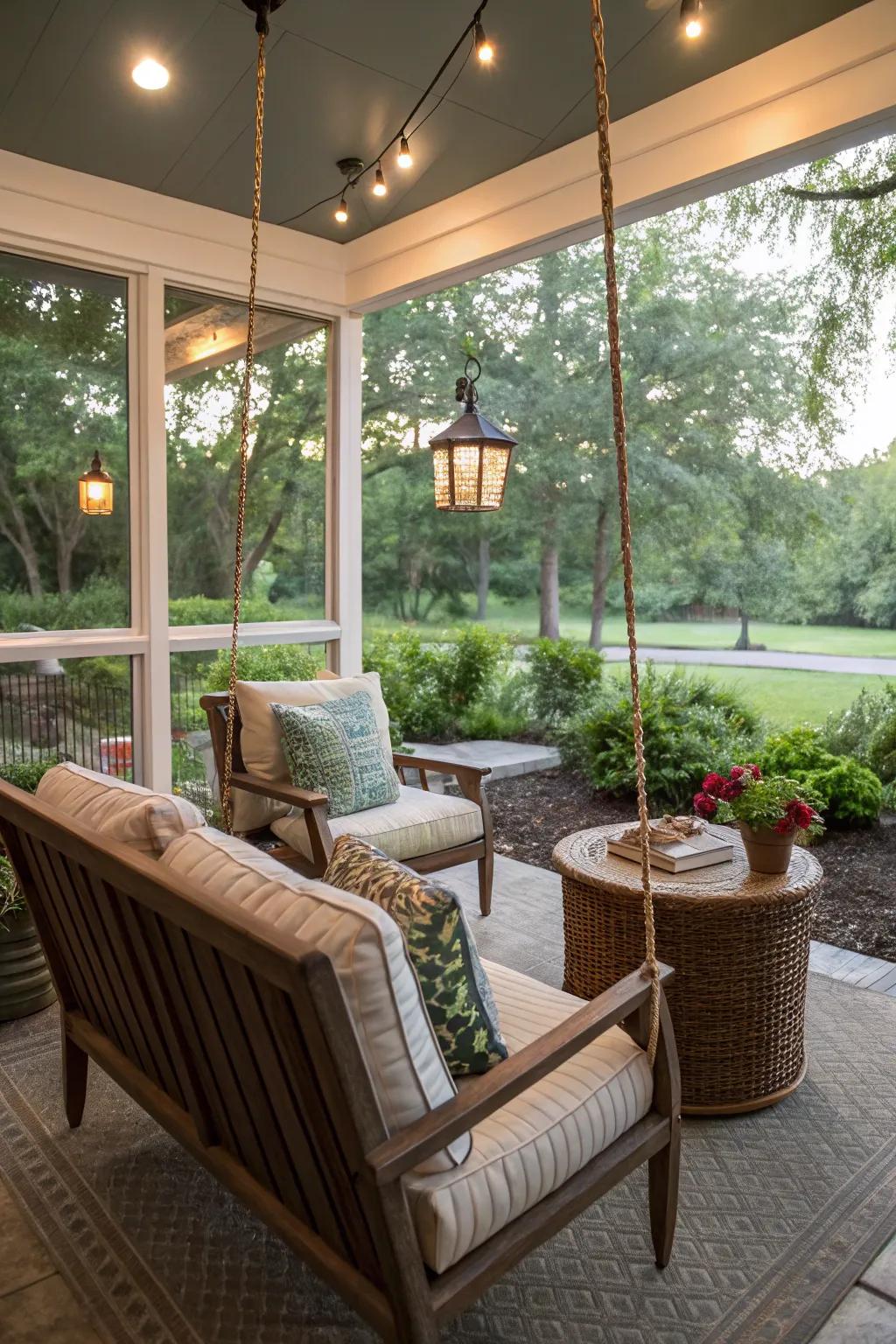 A cozy seating arrangement with a swing in a screened lanai.