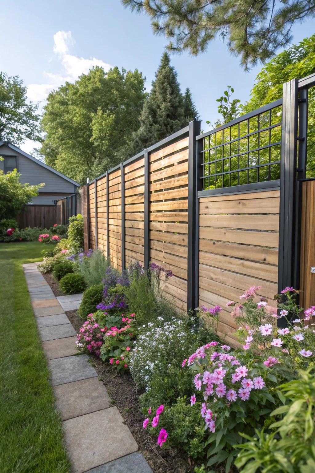 A refined combination of timber and steel crafts a contemporary partially-private fence within an inviting garden.