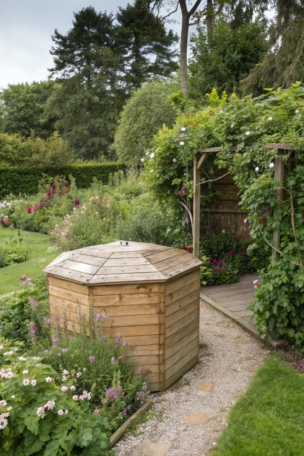 A geometric wooden enclosure merges style with practicality.