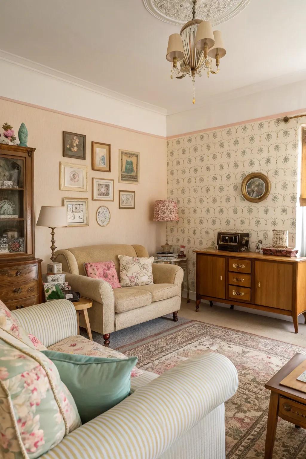 A living room bathed in soft whites and pastels, creating a serene backdrop.