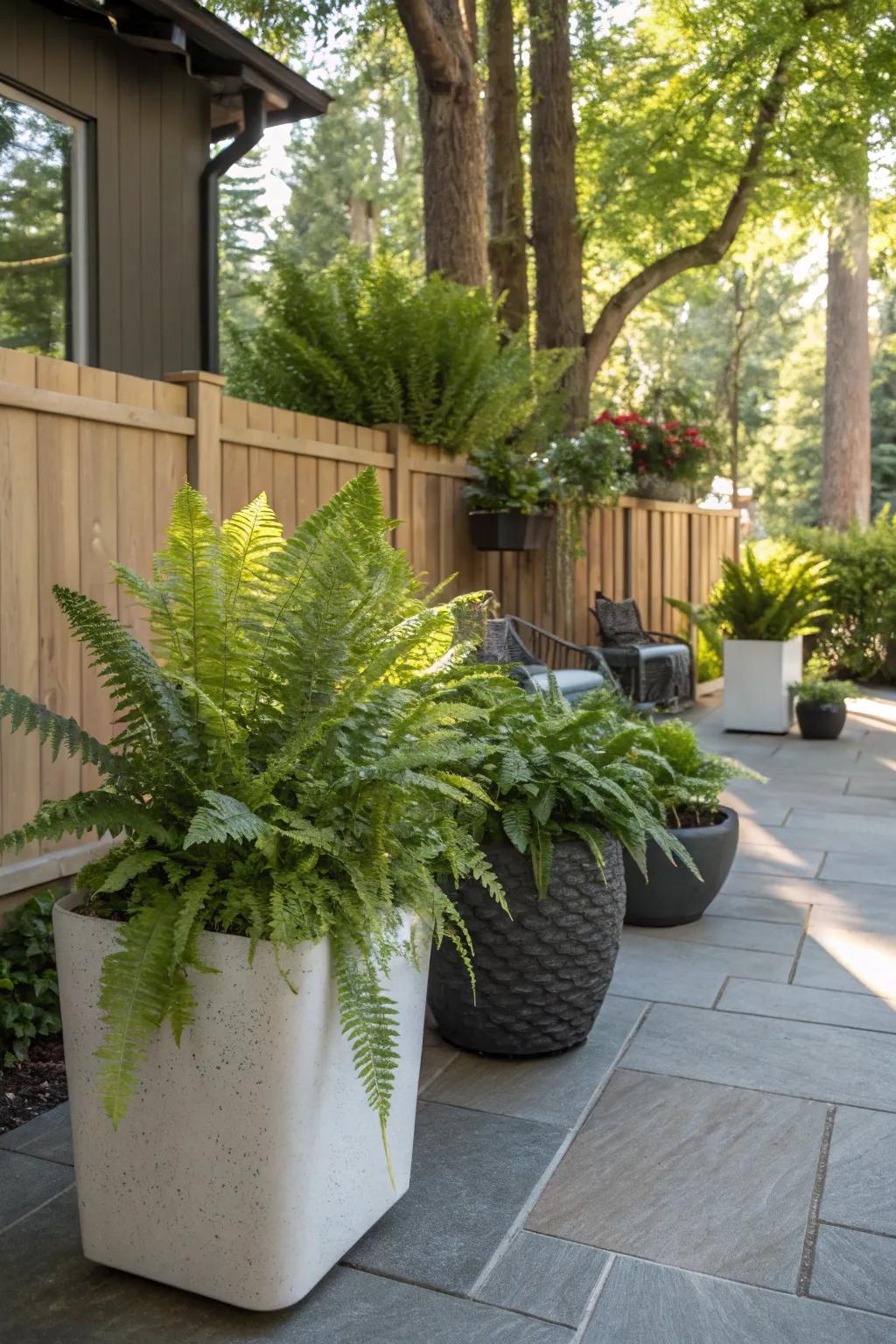 A shady patio alive with several types of ferns in chic containers.