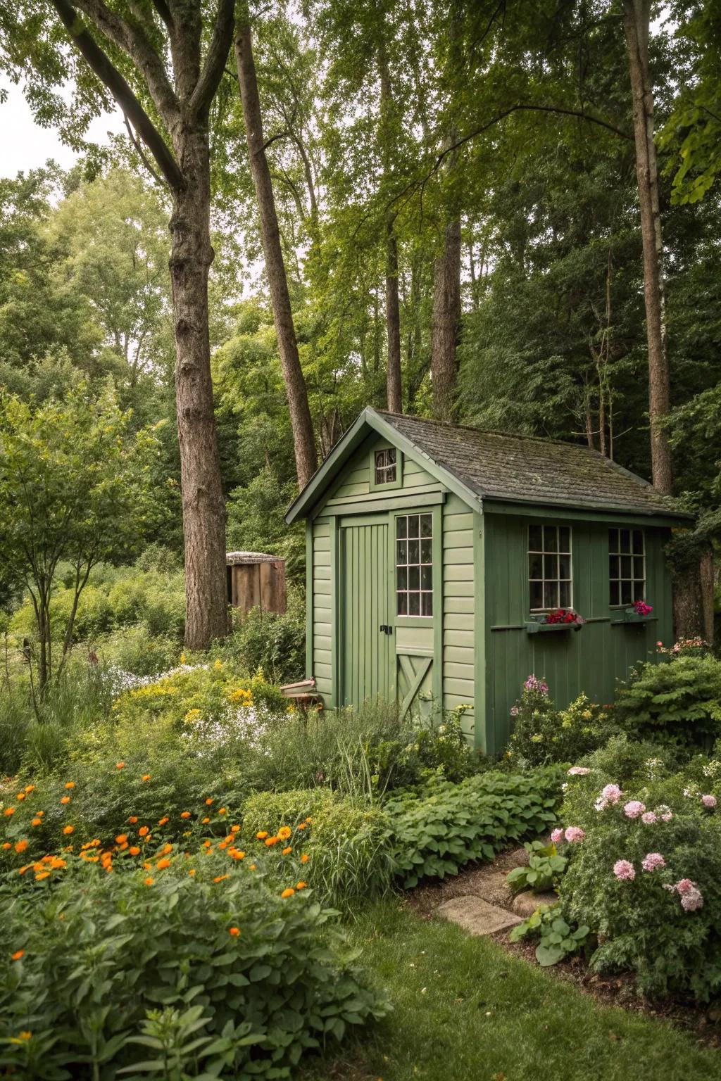 Earthy greens ensure your shed merges flawlessly with the natural landscape.