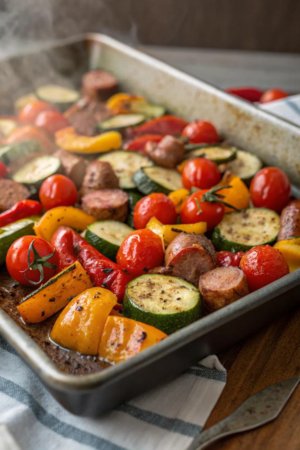 A scrumptious combination of oven-roasted vegetables and sausage, all set to be served.