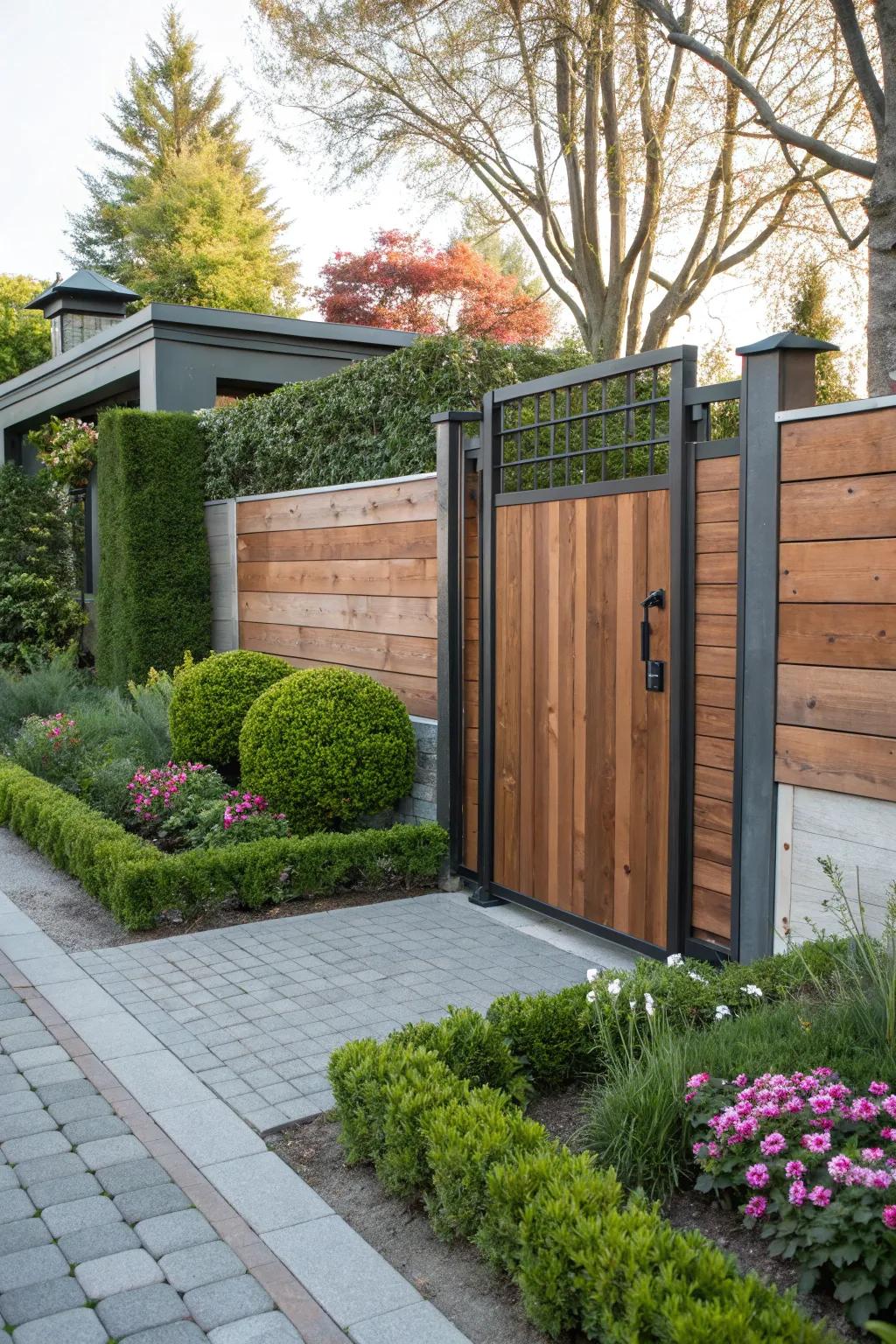 A side gate where wood and metal blend seamlessly for a modern appearance.