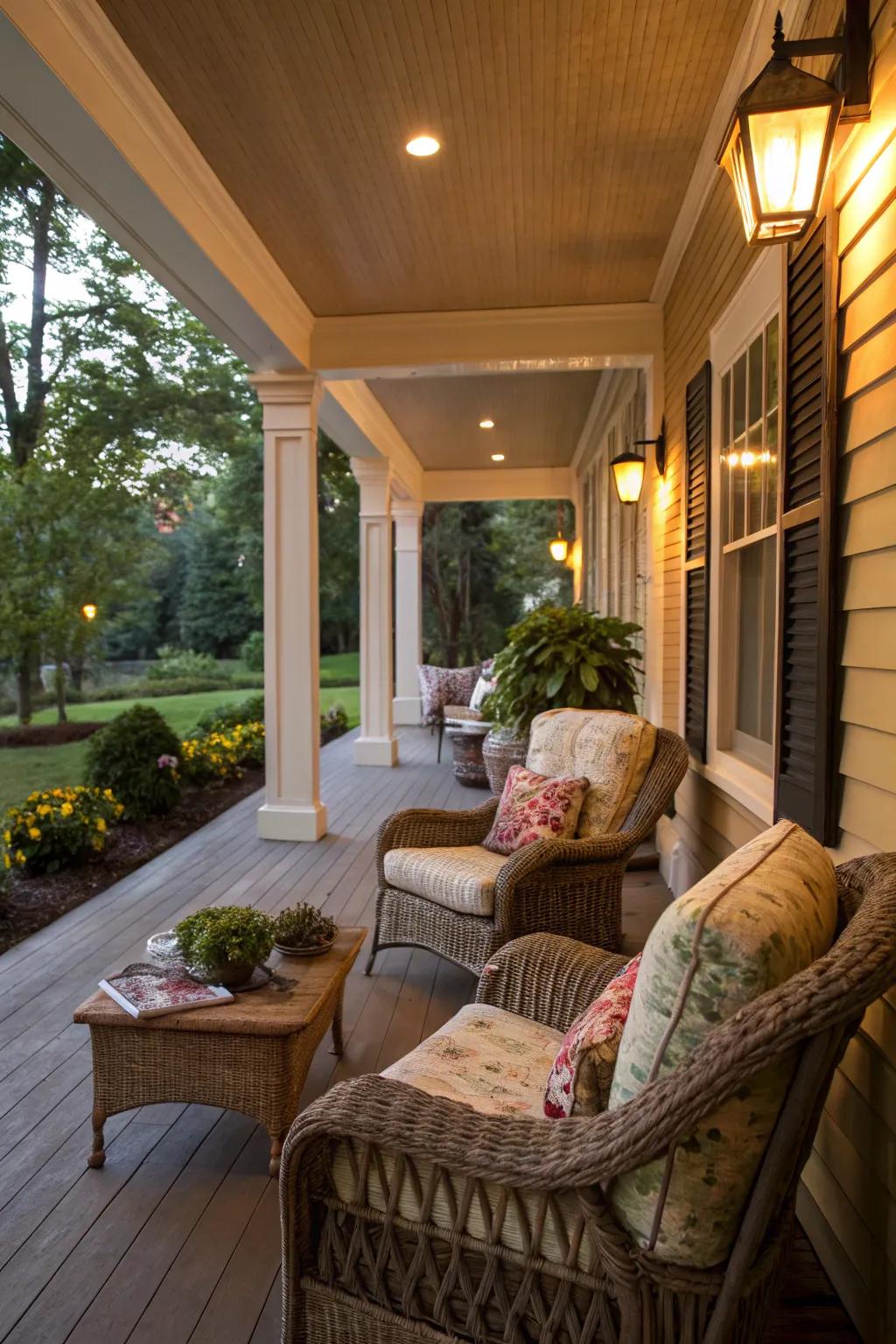 A comfortable seating nook perfect for relaxation on the side porch.