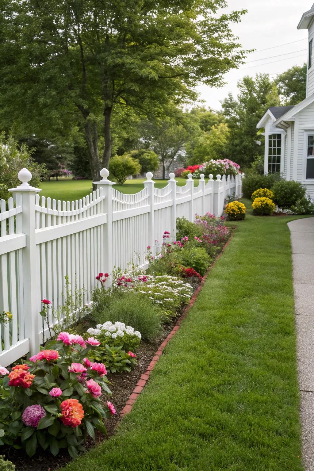 Charming side yard with a classic picket fence.