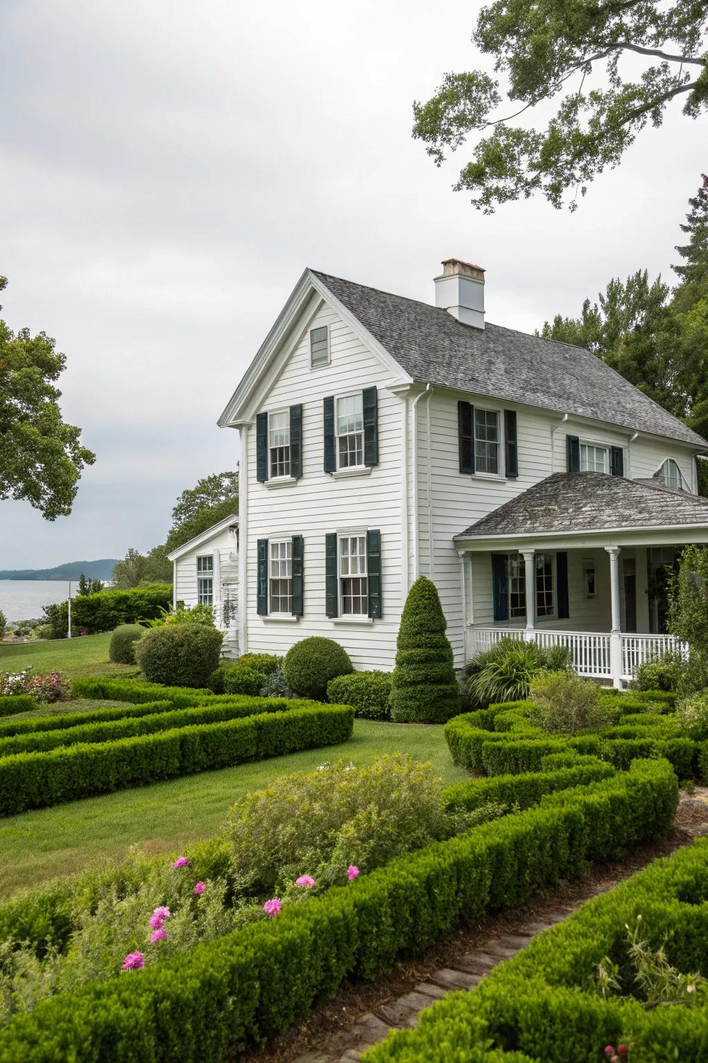Classic white siding with contrasting black accents for a timeless look.