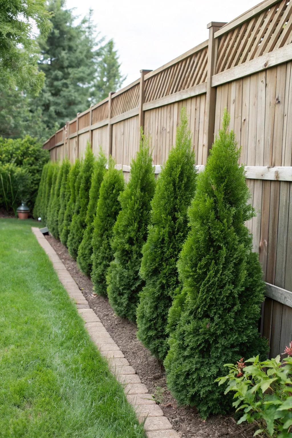 Evergreen bushes lend a classic and lavish aesthetic to fence lines throughout the seasons.