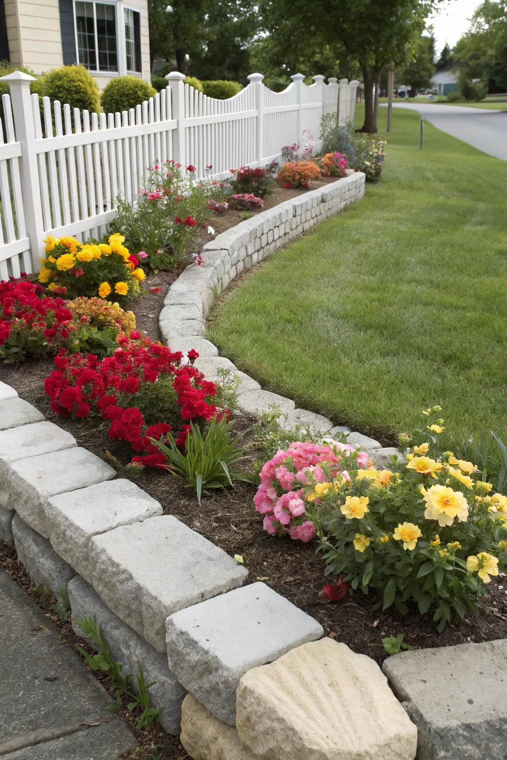 Sharp stone edging creates a pristine flower bed.