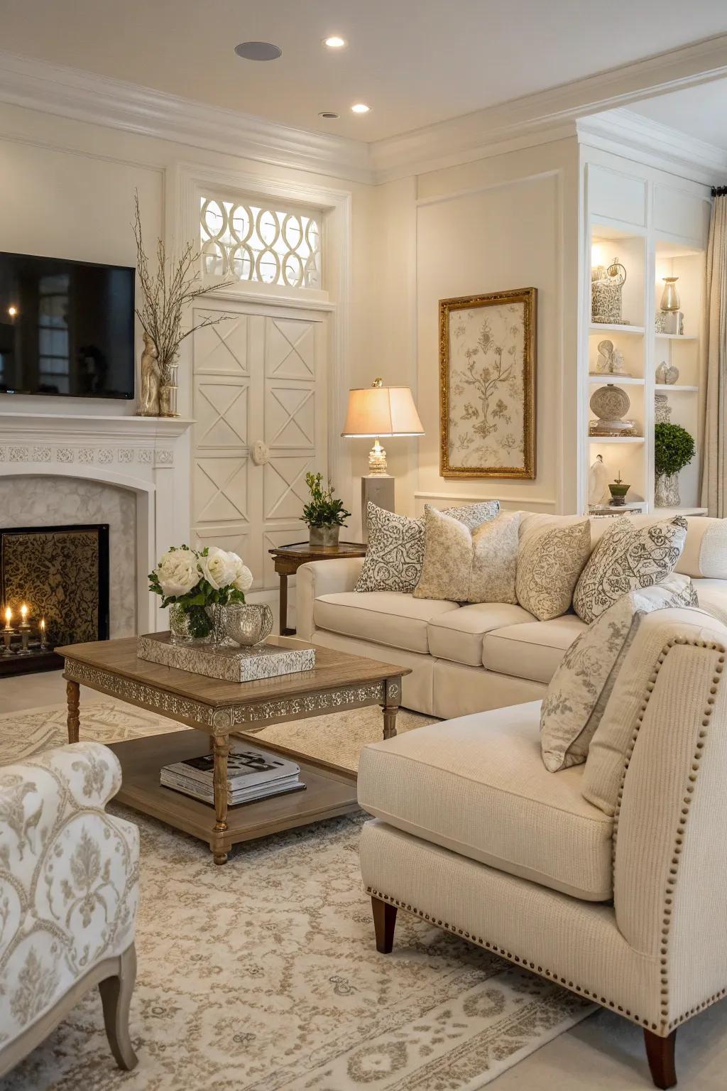 A relaxing color scheme creates a serene and adaptable living room vibe.