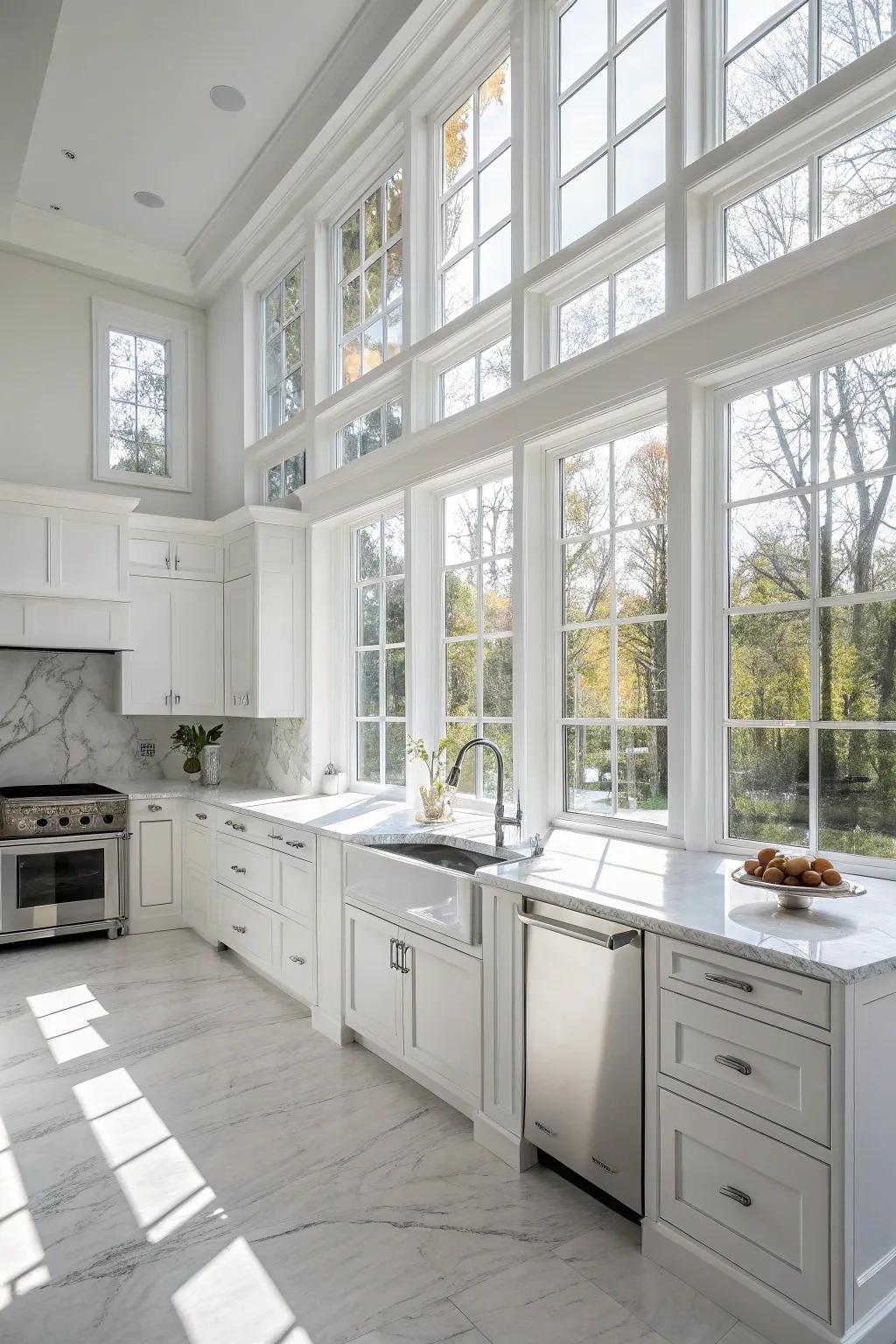 A serene white kitchen filled with the gentle embrace of natural light streaming through large windows.