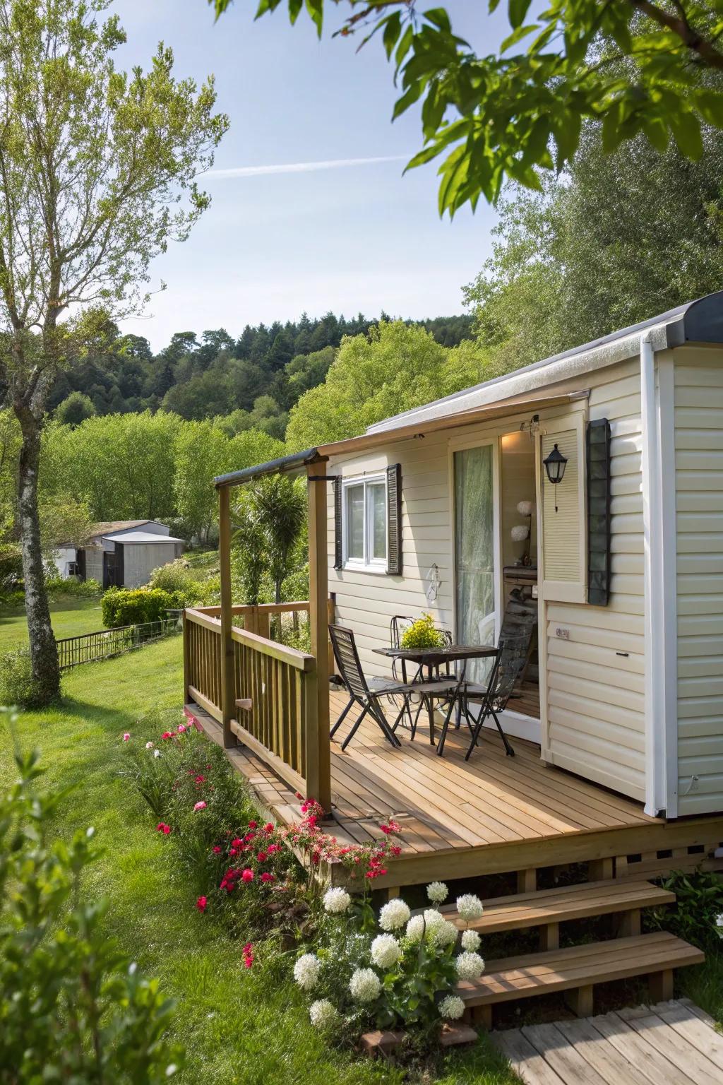 A timber deck enhances the natural beauty of your mobile home porch.