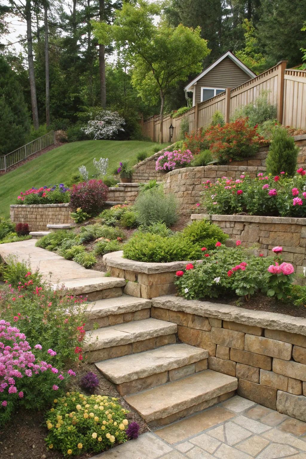 Terraced levels create distinct garden zones on a slope.
