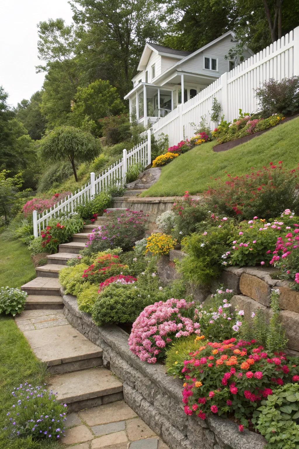 Terraced gardens bring dynamism and function to a sloped front yard.