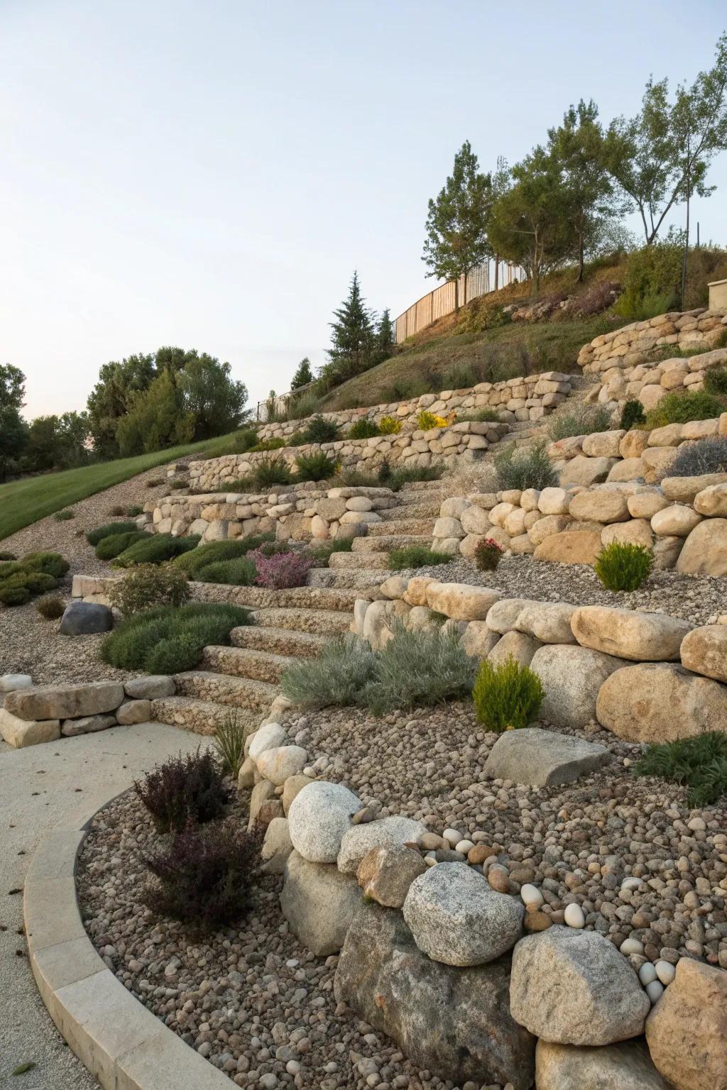 Natural stones create a terraced effect on a sloped garden.