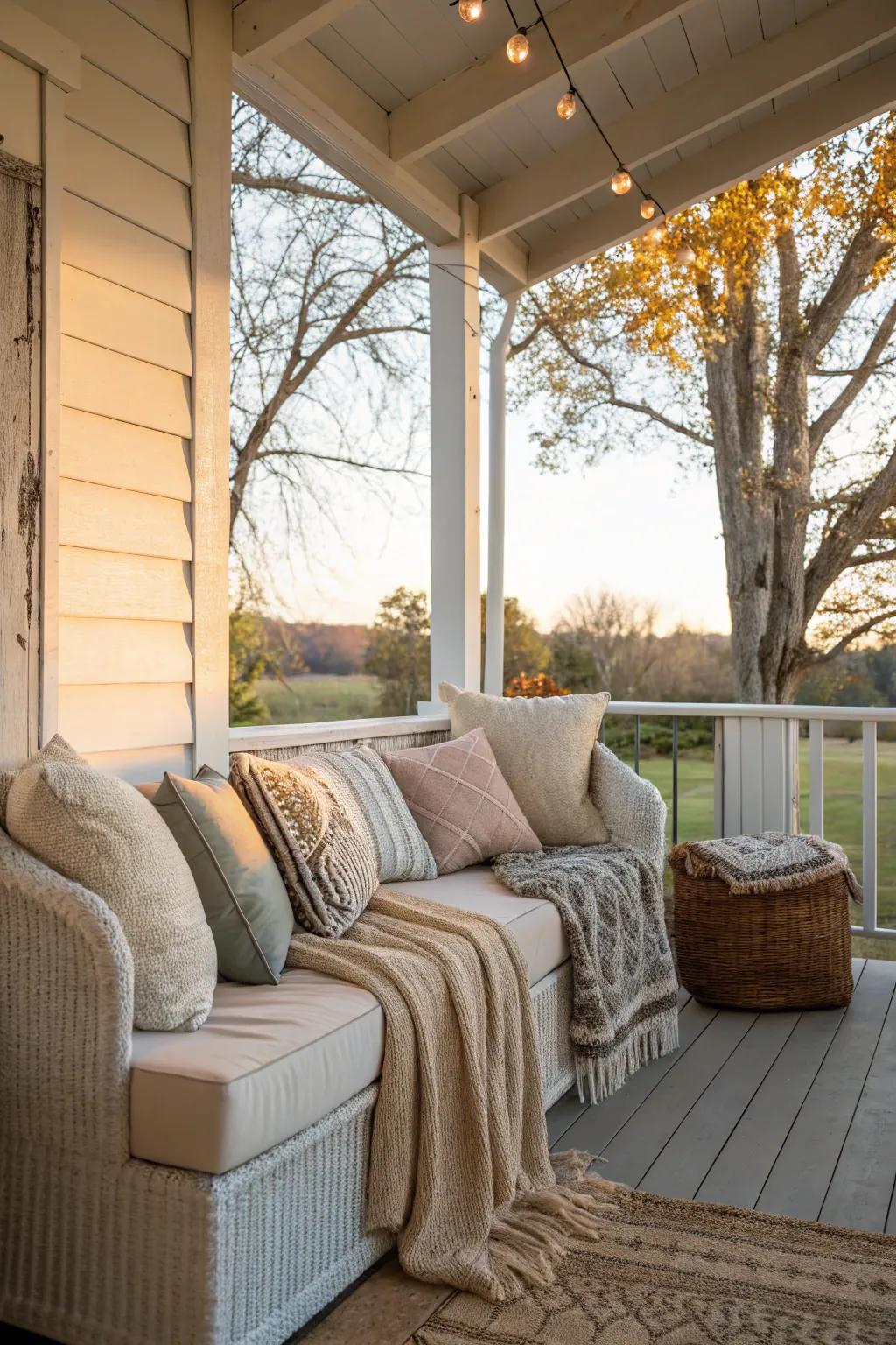An inviting seating area on a small rear veranda featuring appealing pads and throws.