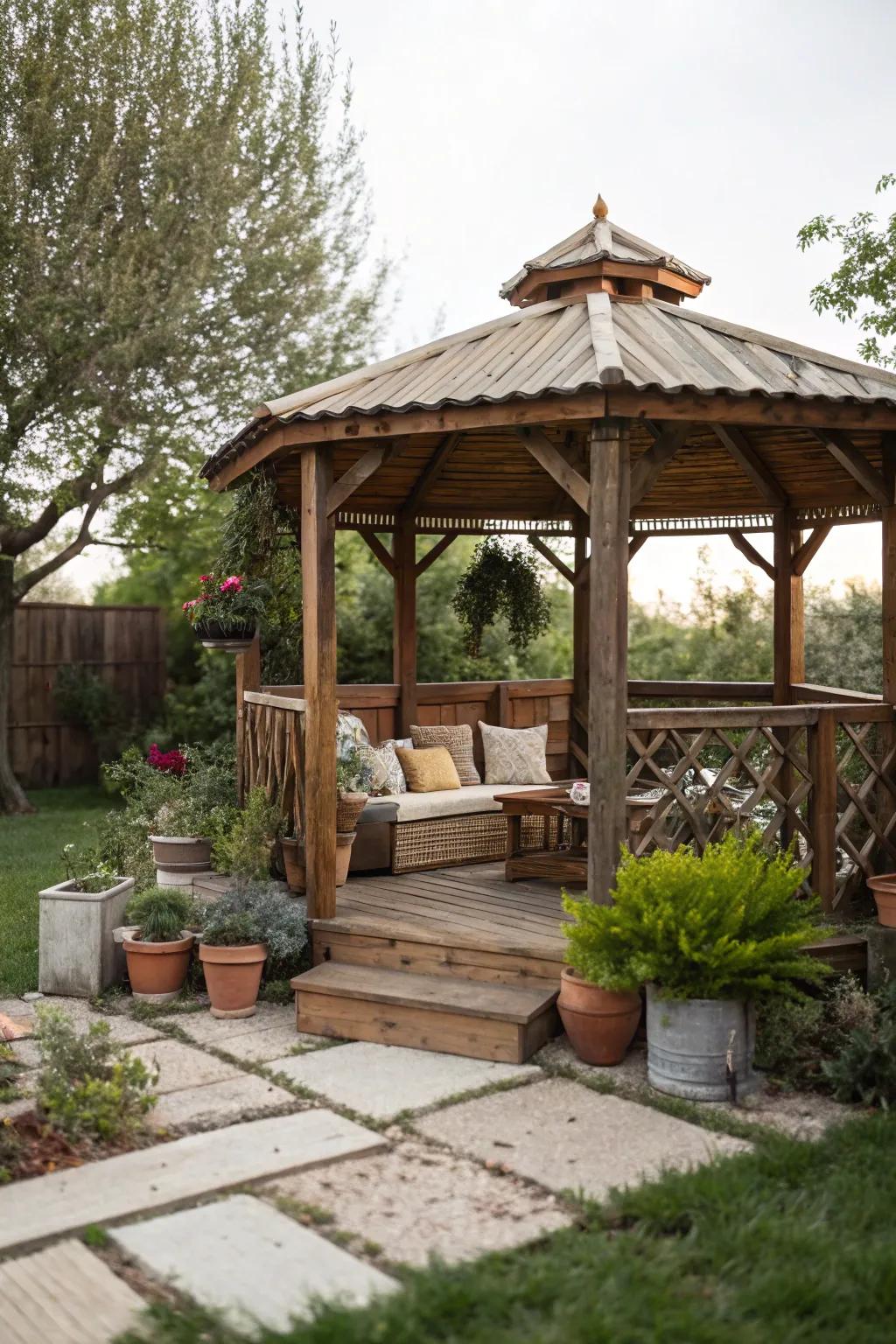 A rustic wooden gazebo evokes a sense of cozy comfort.