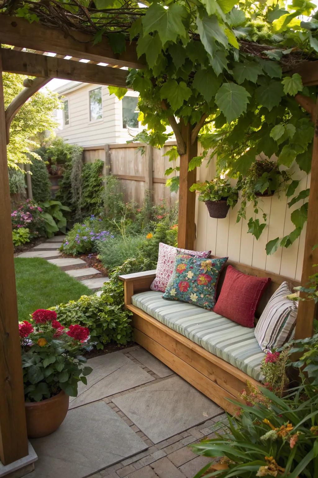 Any backyard area can be transformed into a tranquil refuge with a comfortable seating area.
