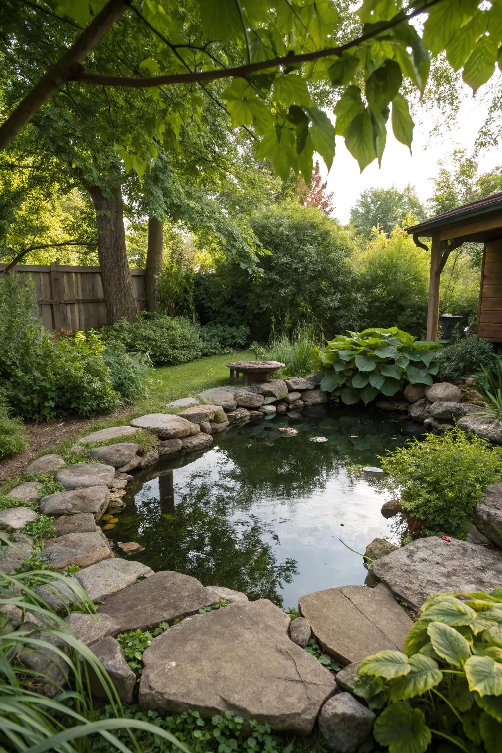 A rustic pond with natural stone borders, blending seamlessly into the garden.