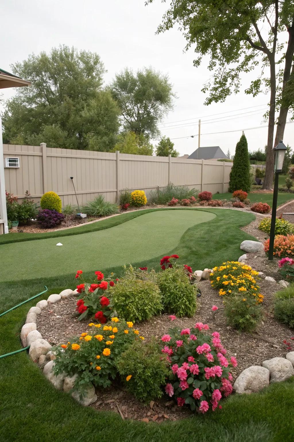 A putting green whose beautifully landscaped edges melt seamlessly into the garden.