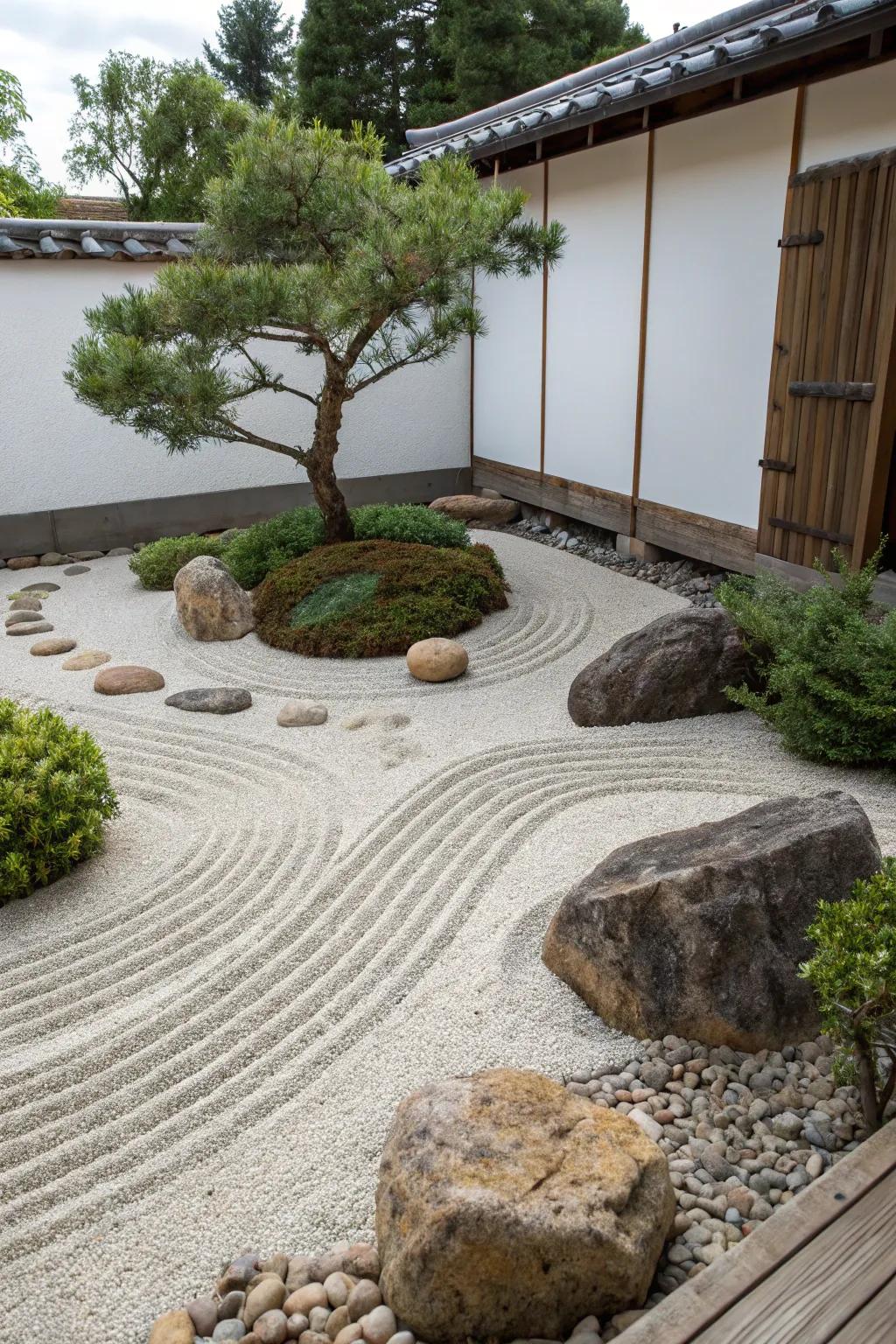 A compact zen garden showcasing thoughtfully arranged gravel and ornamental stones.