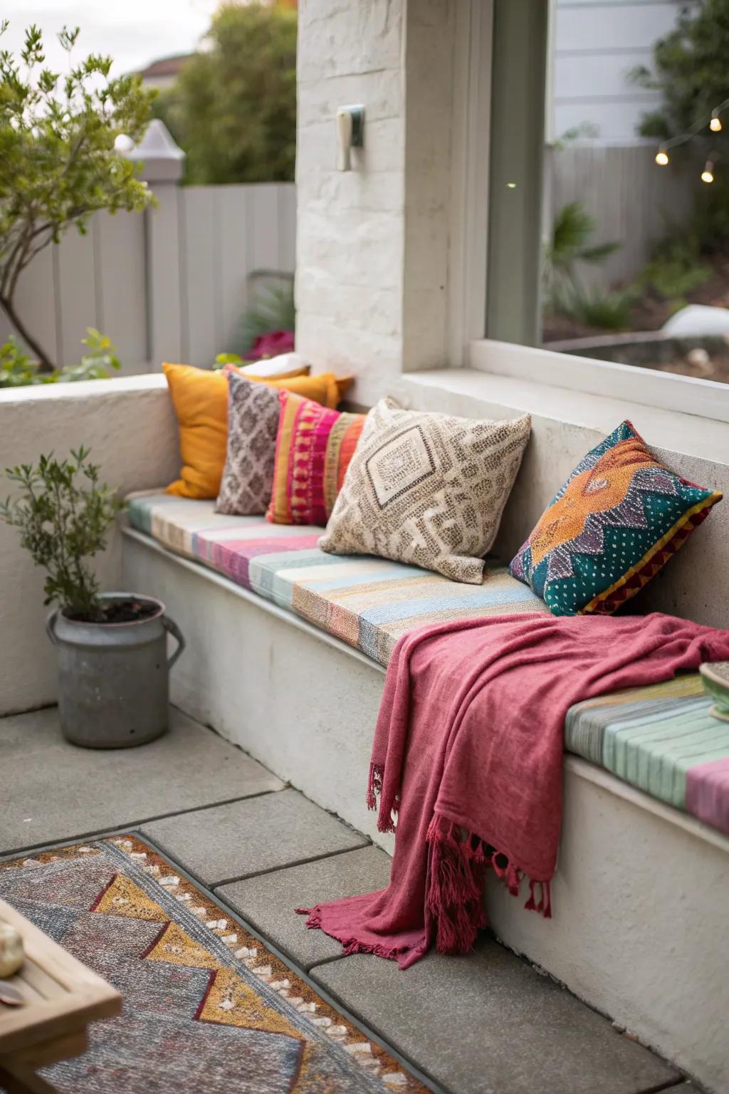 A cozy corner bench transforms a small patio into a welcoming retreat.