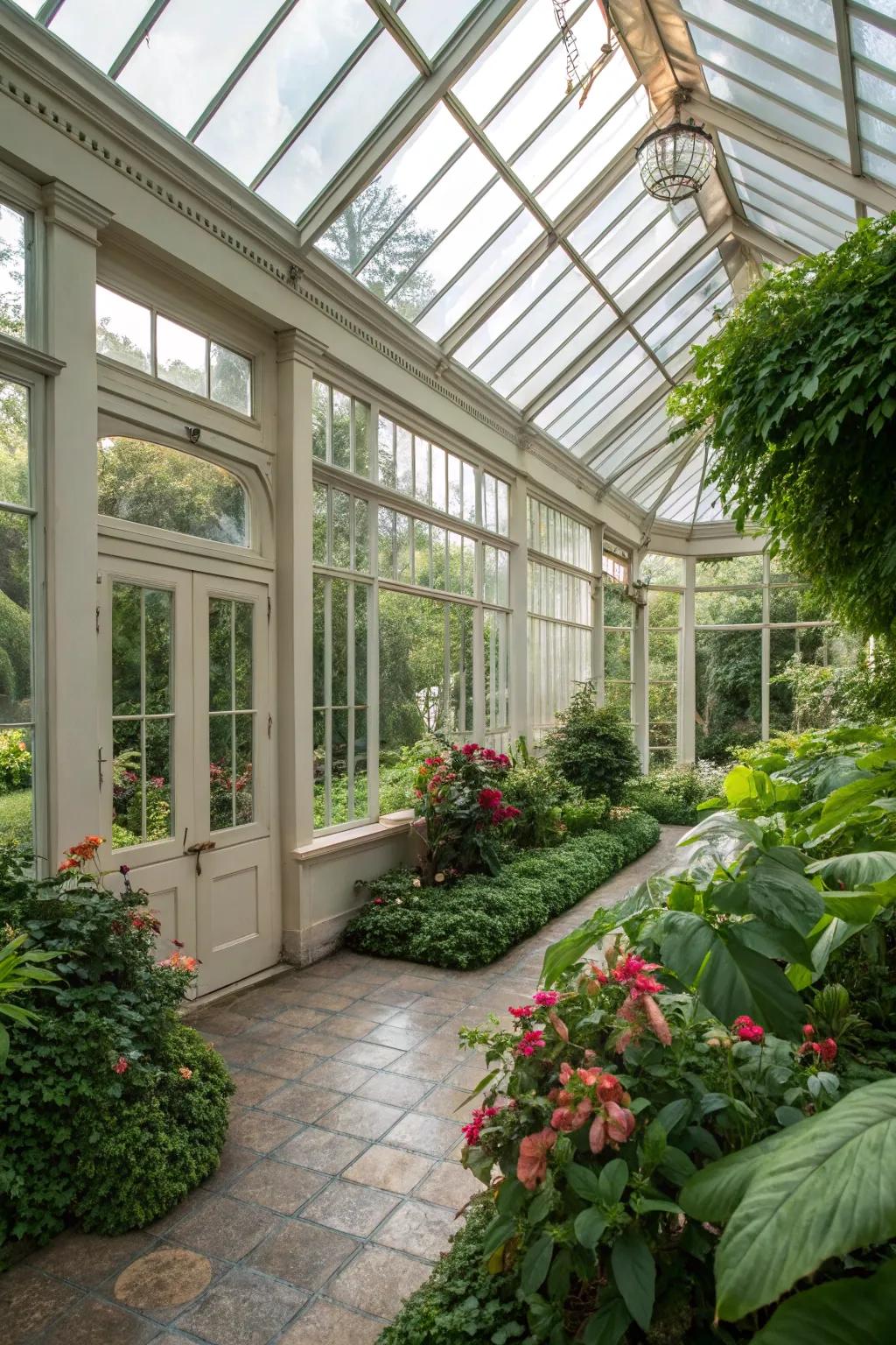 Maximize sunlight in your conservatory with expansive glass windows and roofs.