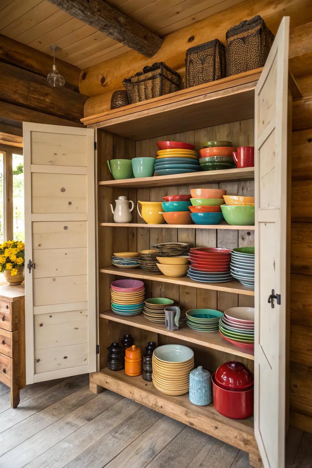 Open shelves are perfect for displaying colorful dishes and adding personal flair.