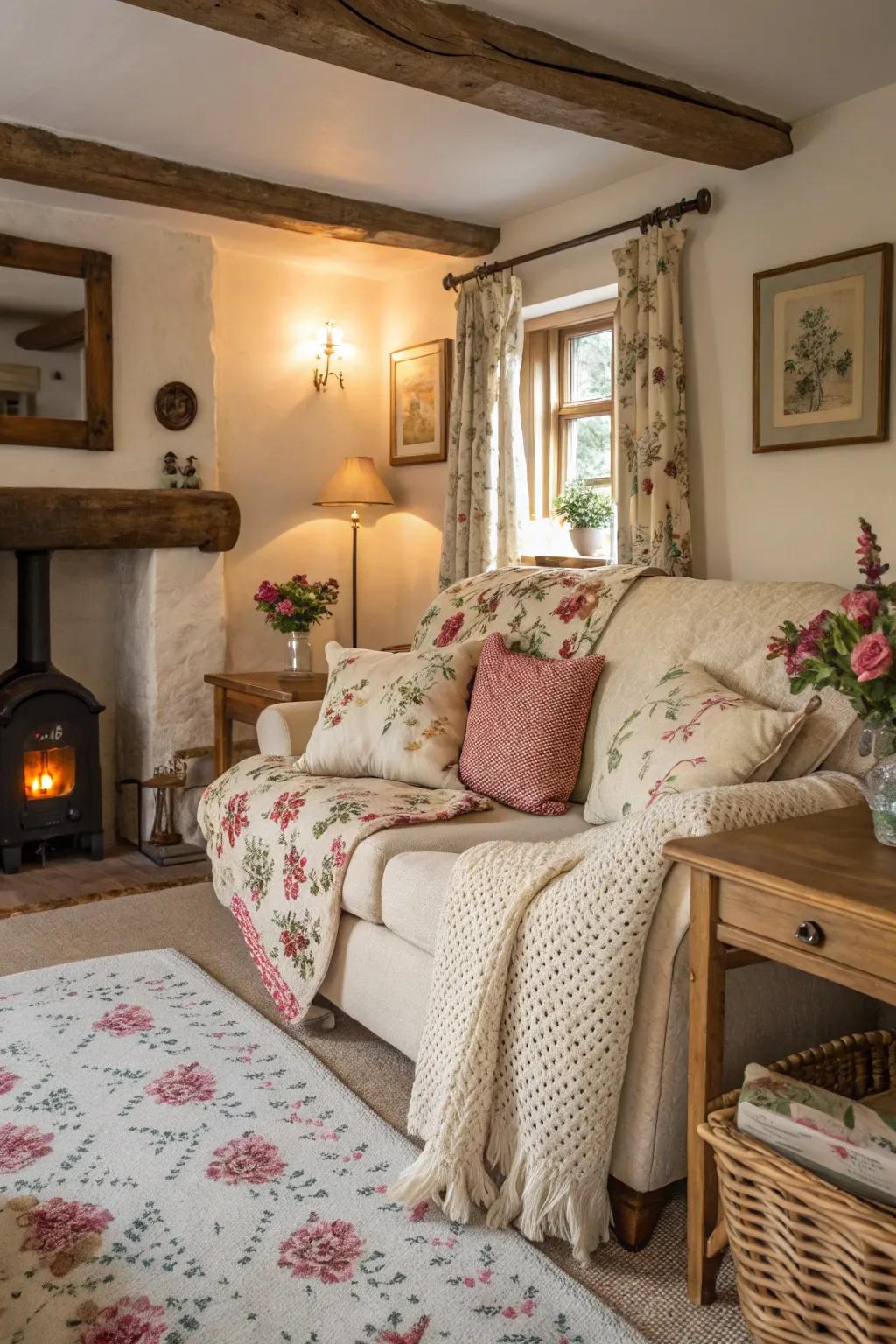 Floral patterned cushions and knitted throws add warmth to this cottage living room.