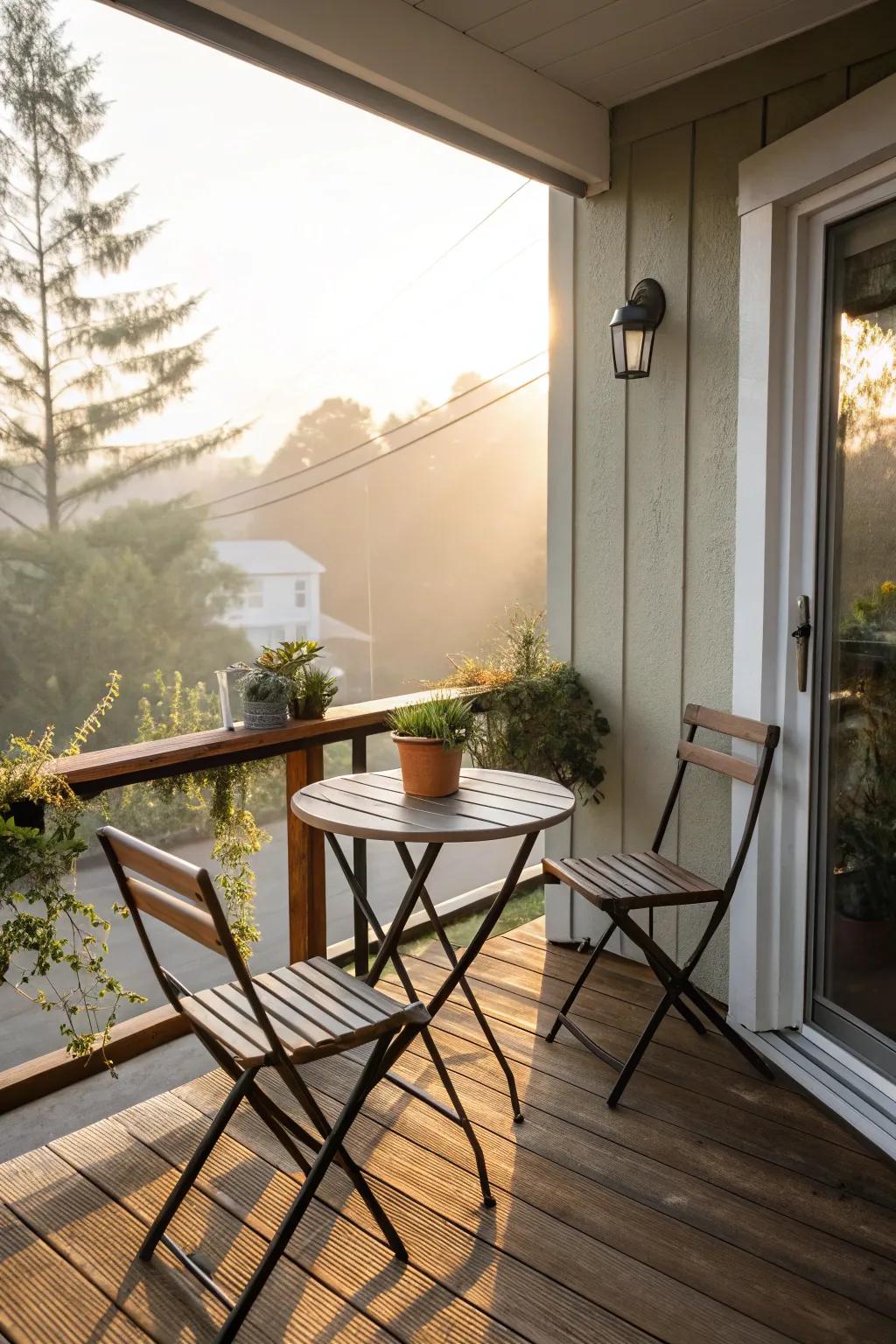 A minimalist bistro set perfectly fits a compact front deck.